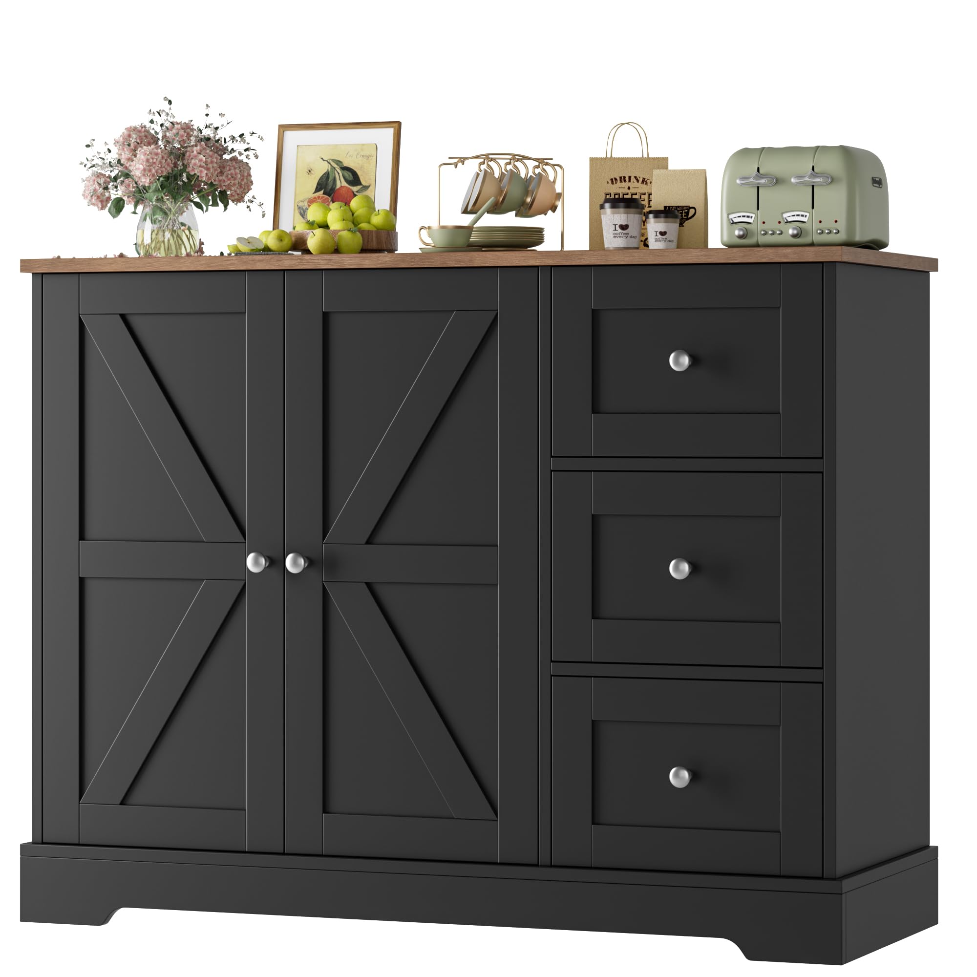 HOCSOK Sideboard, Küchenschrank mit 3 Schubladen und 2 Türen, Buffetschrank mit Arbeitsplatten für Küche, Esszimmer, Wohnzimmer, Schwarz & Braun