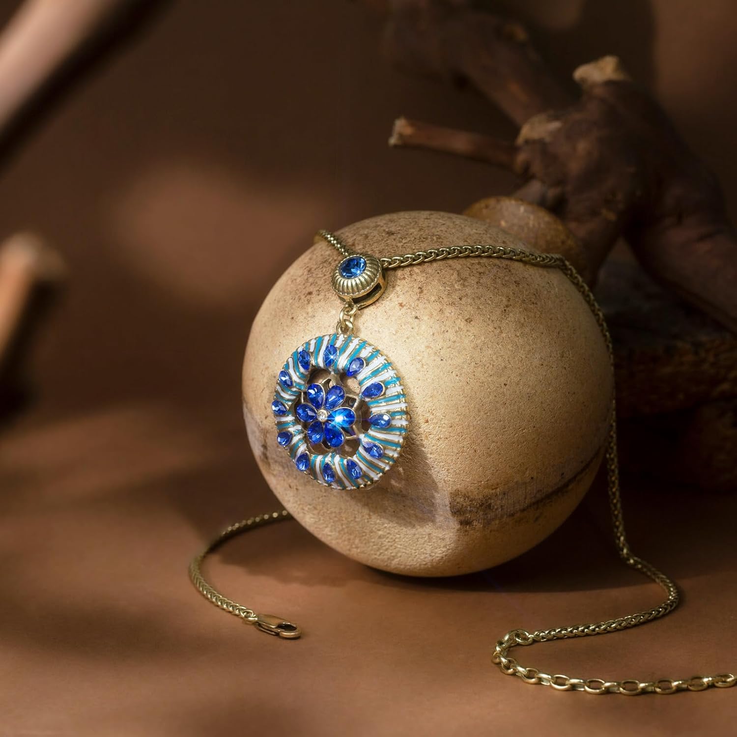 HZMAN Blue Crystal Flower Necklace for Women, Adjustable Wheat Chain with Diamond-Cut Teardrop Pendant & Vintage Enamel, Handmade Brass Bohemian Jewelry Gift - Image 5