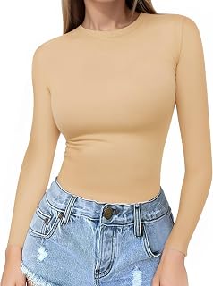 MANGOPOP Crew Neck Long Sleeve T Shirts for Women Fitted Shirts Tight Neck T Shirts Basic Tee Tops