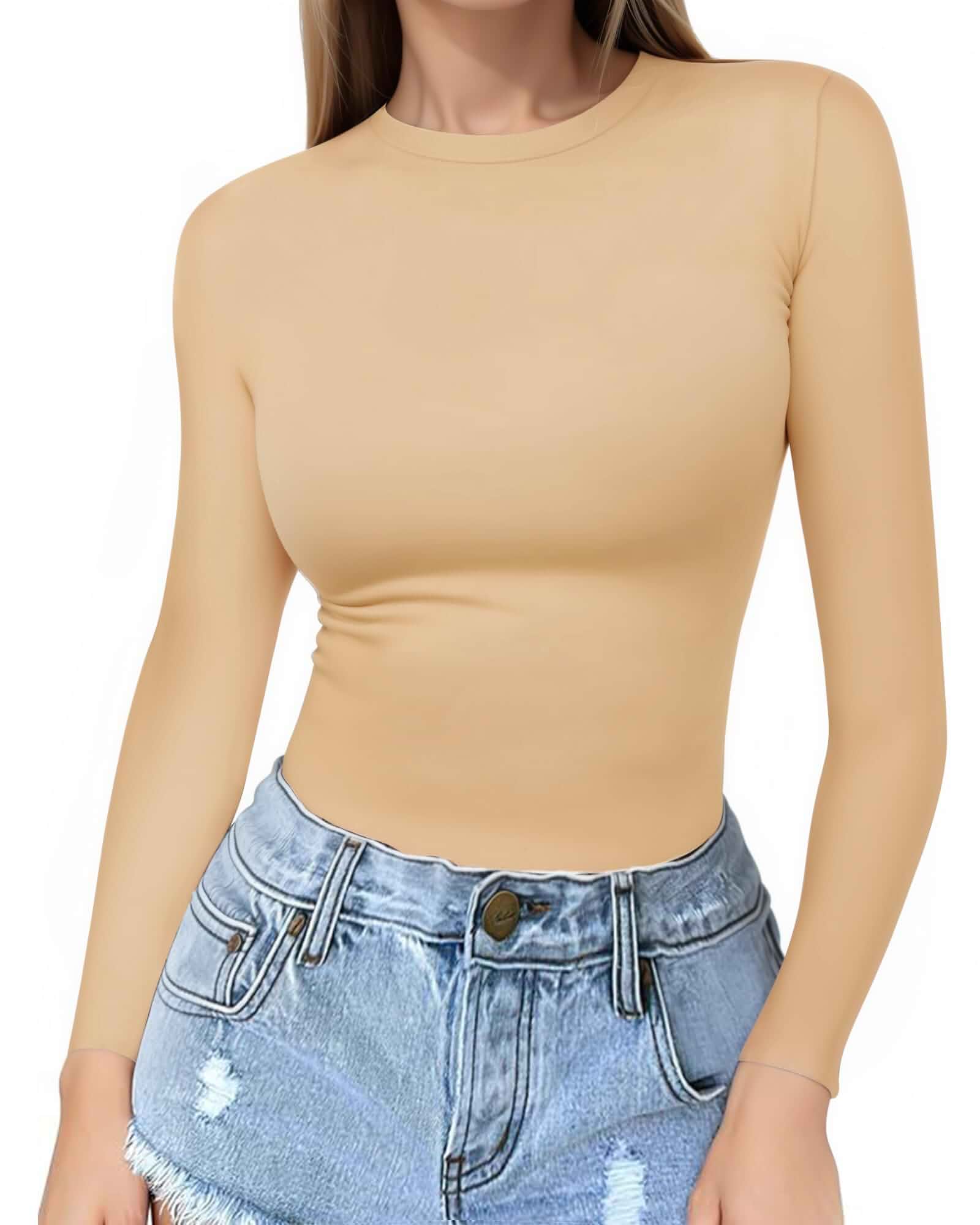 MANGOPOP Crew Neck Long Sleeve T Shirts for Women Fitted Shirts Tight Neck T Shirts Basic Tee Tops Regular Fit