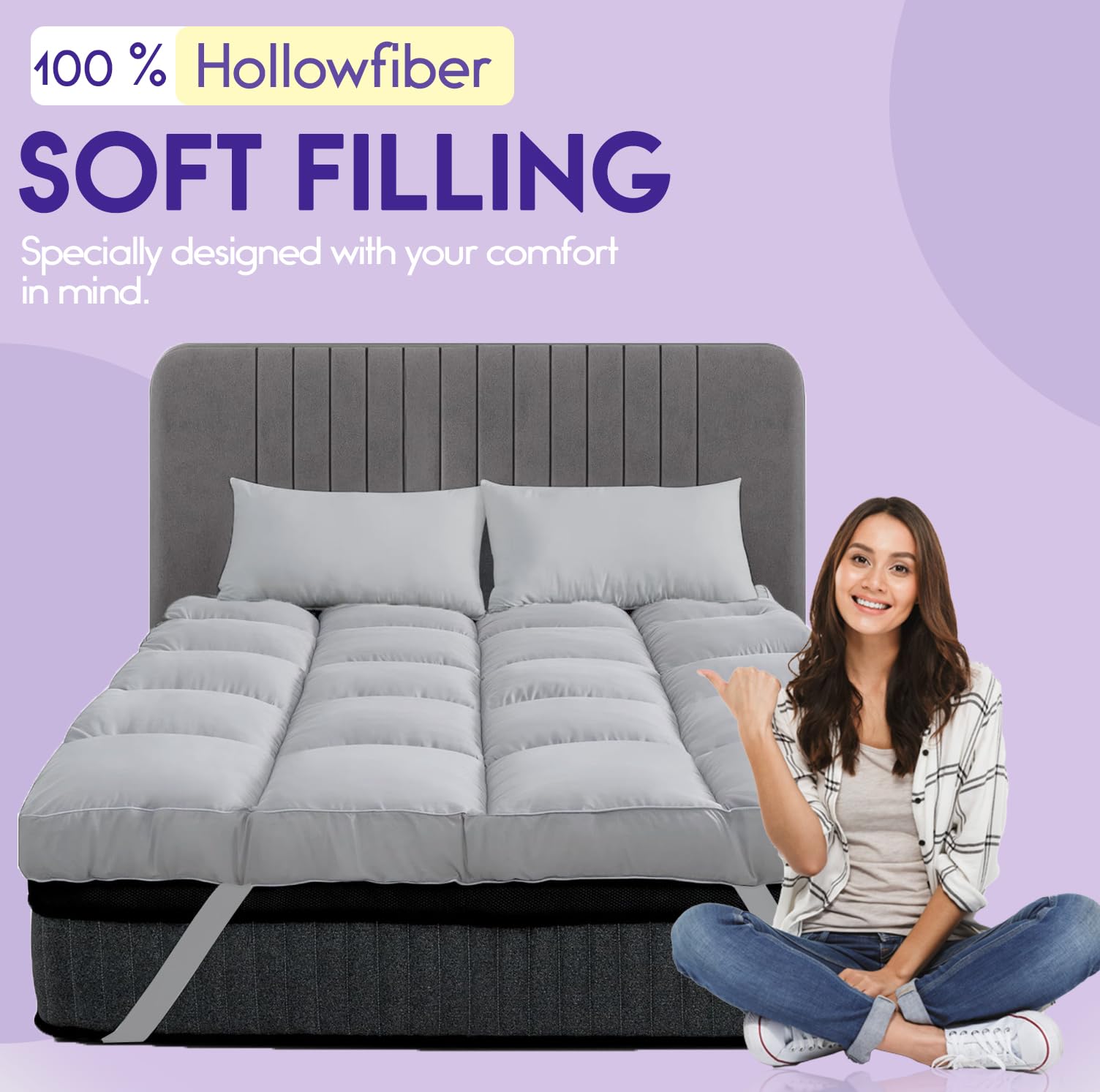 Linens World Mattress Topper Double Bed 10cm Thick, Quilted Super Soft Microfiber Topper, 1200GSM Anti-Allergy Fiber Fill, Washable with Strong Elastic Straps for Extra Comfort (137×190cm) — view 21