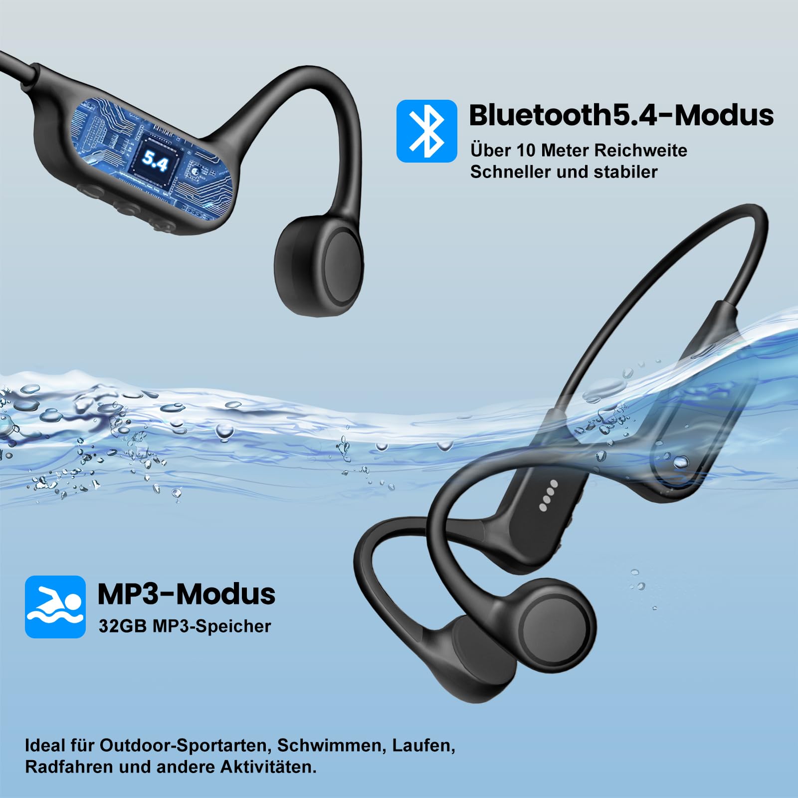 MANKIW Knochenschall Kopfhörer Schwimmen IP68, Unterwasser Sportkopfhören mit 32GB MP3 & Bluetooth 5.4, Open Ear Wasser Kopfhörer Schwimmen für Pool, Sport & Running