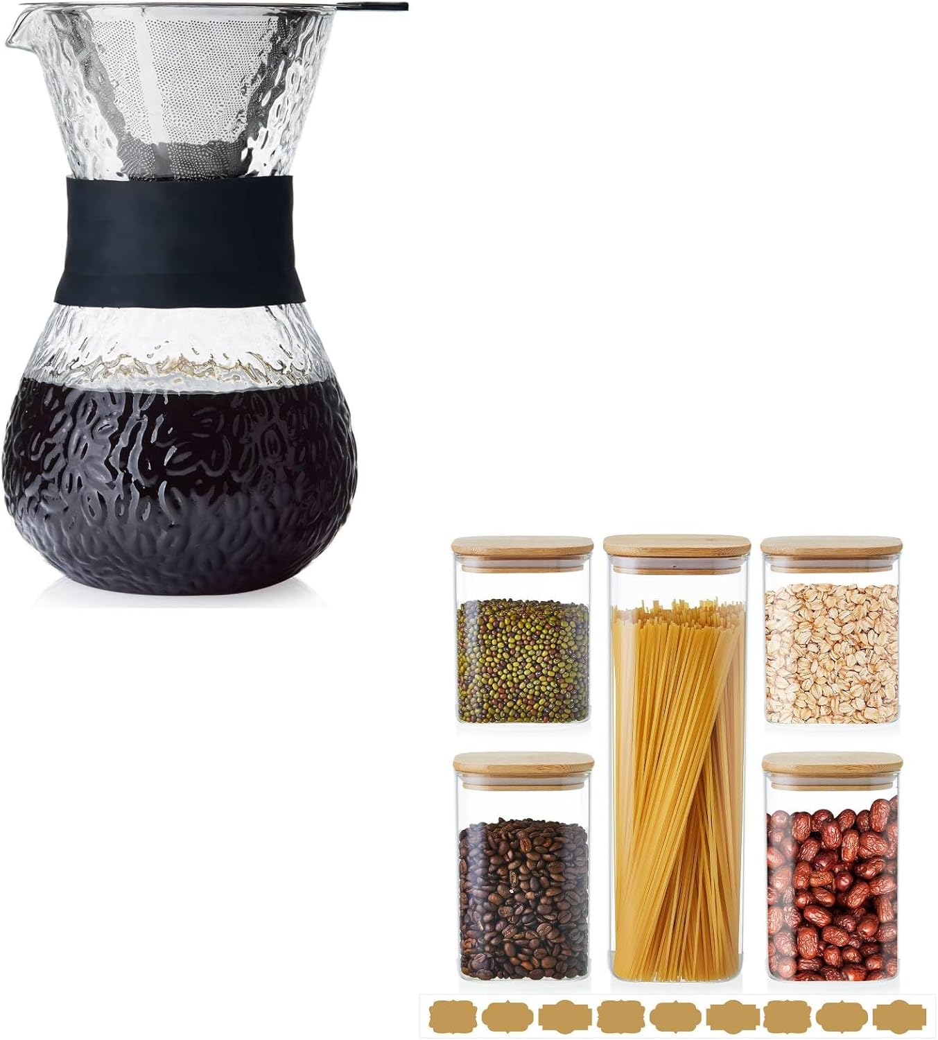 Unbreakable Pour Over Coffee Maker and 5Pcs Glass Jars Set