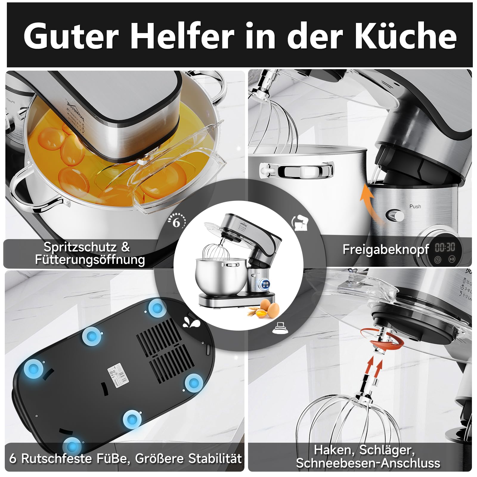 HOMELUX Küchenmaschine 2500W, 12 Liter Edelstahl Schüssel