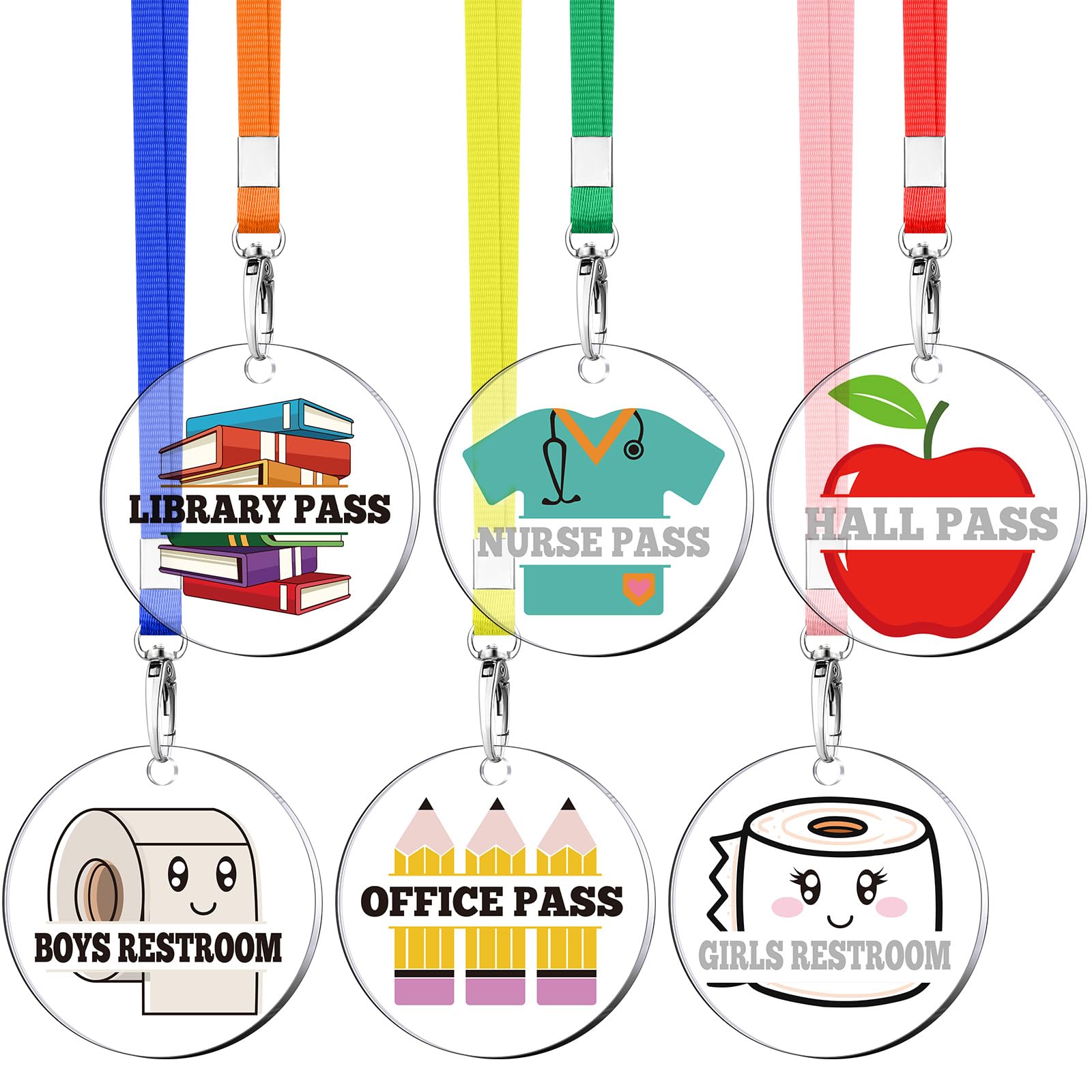 Weekgrat 6 Set Acrylic Hall Pass Lanyards School Passes Unbreakable Cute Acrylic Hall Passes for Classroom School Supplies