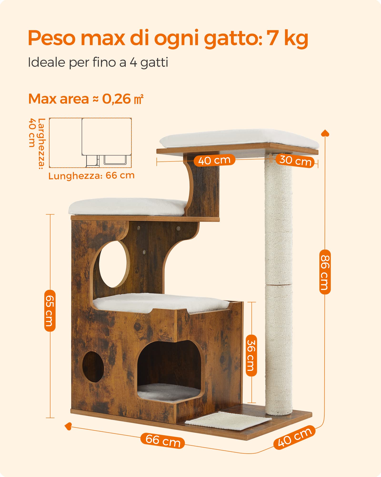 Feandrea Tiragraffi, Albero per Gatti di Truciolato Alto 86 cm, con Grotta, Posatoi, Colonna e Tappeto Graffiatoio in Sisal, Lavabili Tappeti in Pelliccia Sintetica, Marrone Vintage PCT70HW