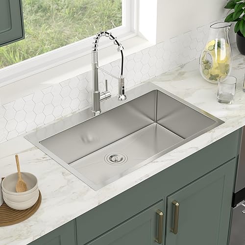 Vista 206 de Logmey Fregadero de cocina negro de 33 x 22 pulgadas, estación de trabajo SUS304, calibre 16, acero inoxidable, cuenco individual, montaje superior