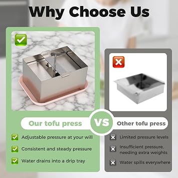 Tofu Press, Tofu Press Stainless Steel with Cheese Cloth and Drip Tray for Homemade Firm Tofu, Paneer Maker & Cheese Press - Efficient Water Removal, Dishwasher Safe