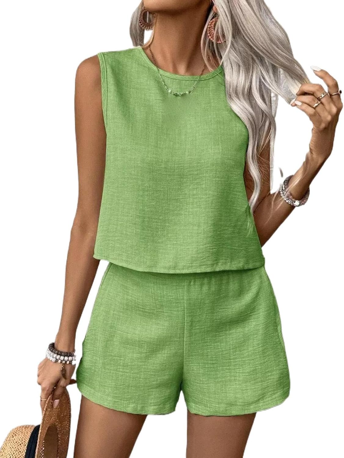 Women's Summer Two-Piece Tank Top and Wide Leg Shorts Set Casual Loose