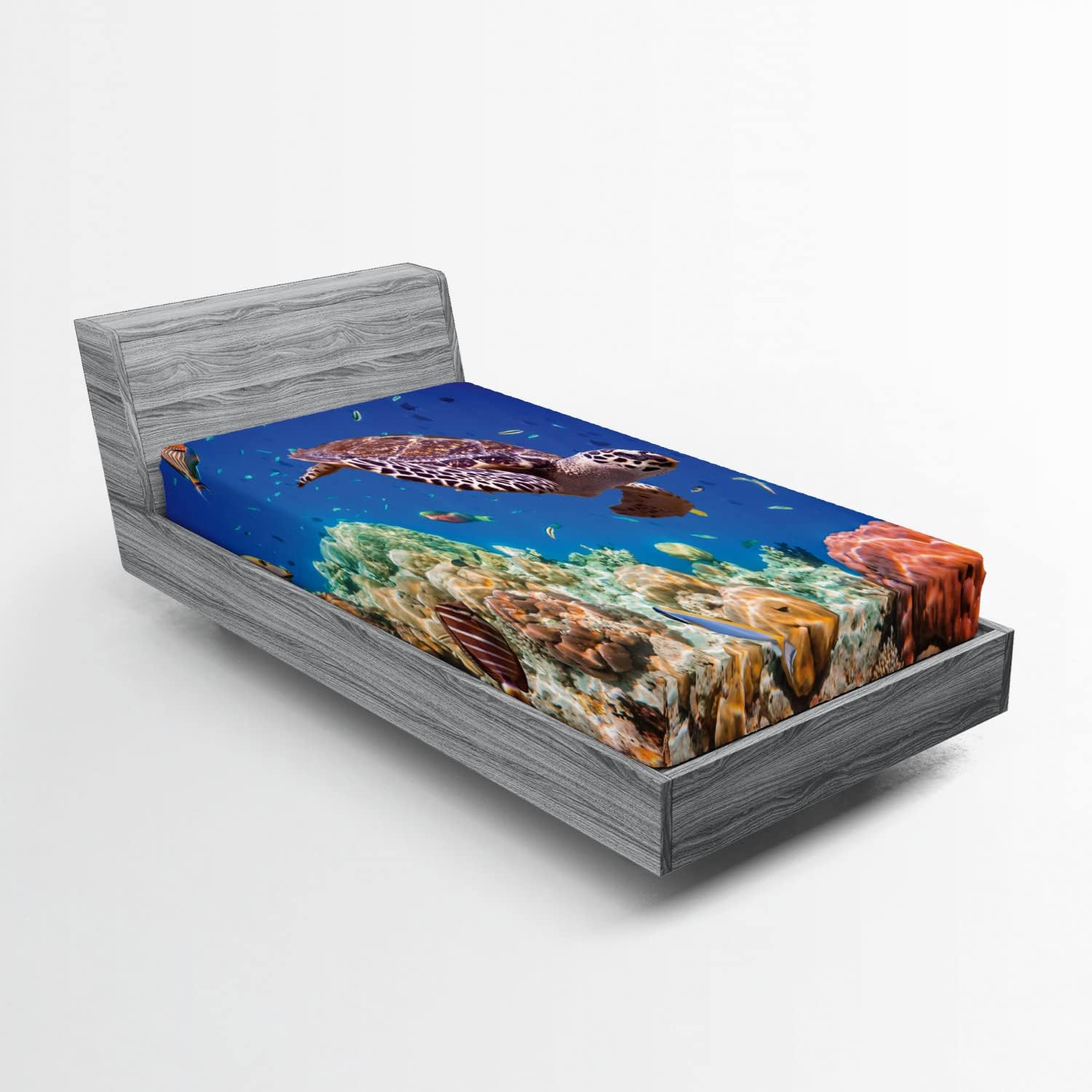 Lunarable Ocean Fitted Sheet Set, Tropical Sea Turtle Swimming in Sea Maldives Image, Bed Cover with All-Round Elastic Deep Pocket 2 Pcs, Twin Size, Navy Blue Tan and Brown