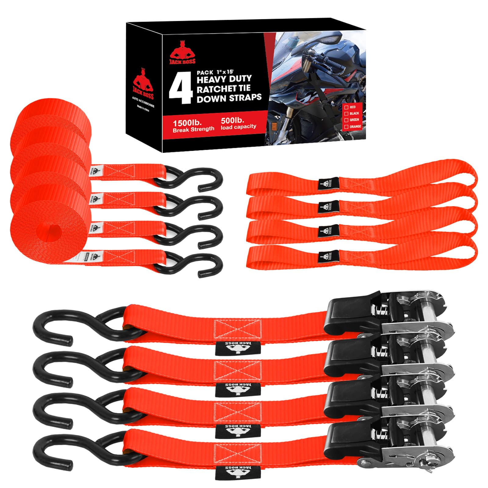 Ratchet Tie Down Straps Set 4 Pack,1" x 15' Ratchet Straps with 4X Soft Loops,Cargo & Motorcycle Tie Downs for Moving Securing Pickup Trucks,1500 lbs Break Strength - 500 lbs Load …