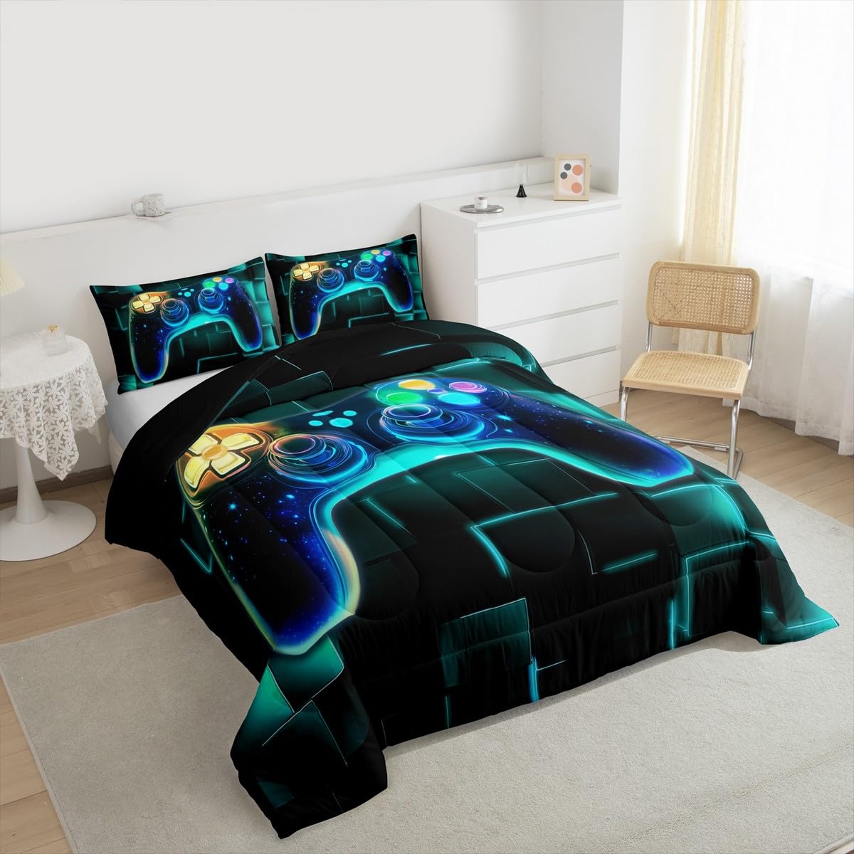Erosebridal Gamer Comforter Set Full, Gaming Bedding for Kids, Video Games Controller Gamepad Bedding Comforter Sets Neon Glowing Square Geometric