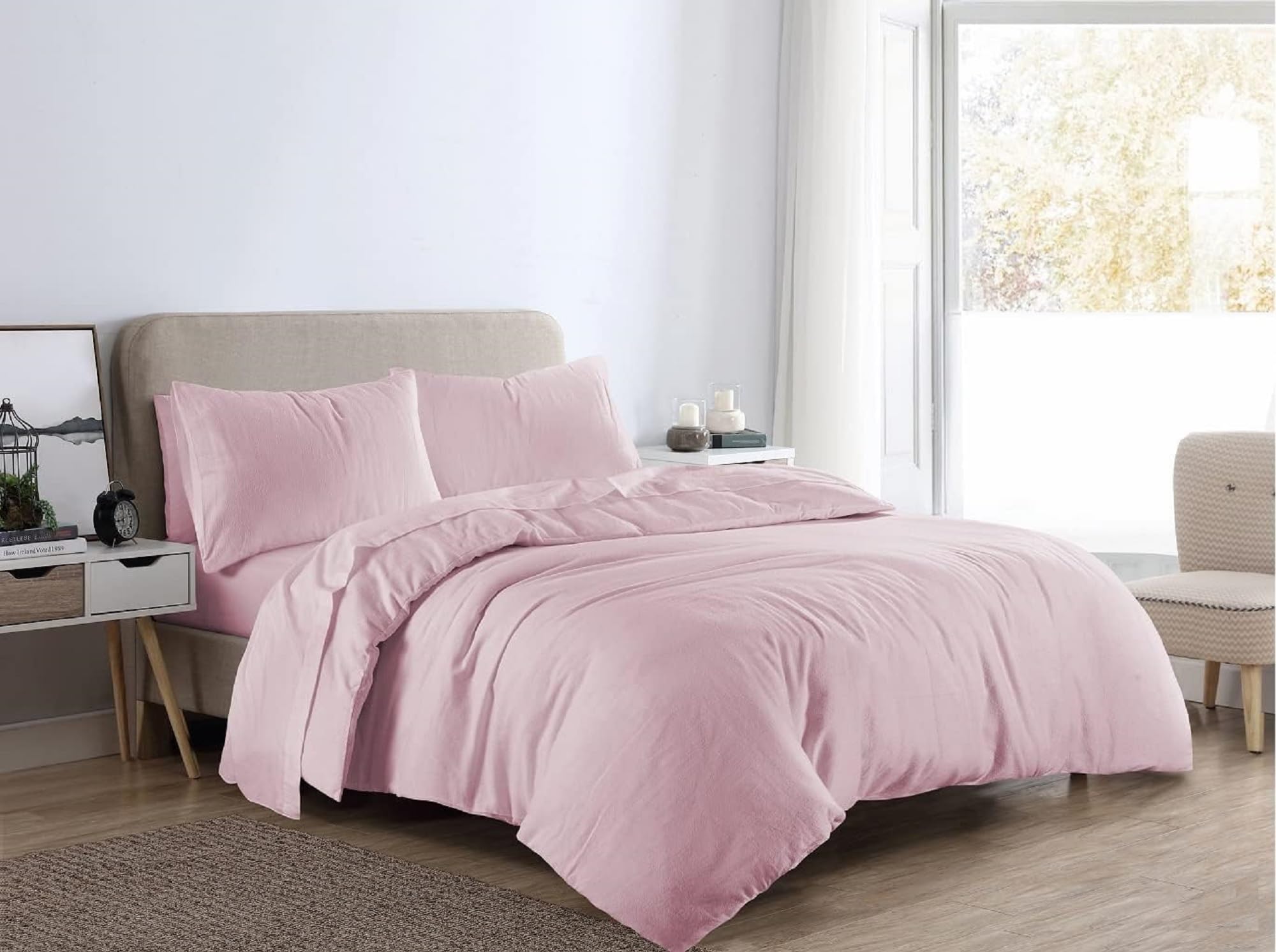 KARKARM Plain Dye Flannelette Duvet Cover Sets Super King Pink 100% Brushed Cotton Flannel Duvet Cover and Pillowcases Set Reversible Thermal Winter Comforter Covers Bedding Quilt Sets