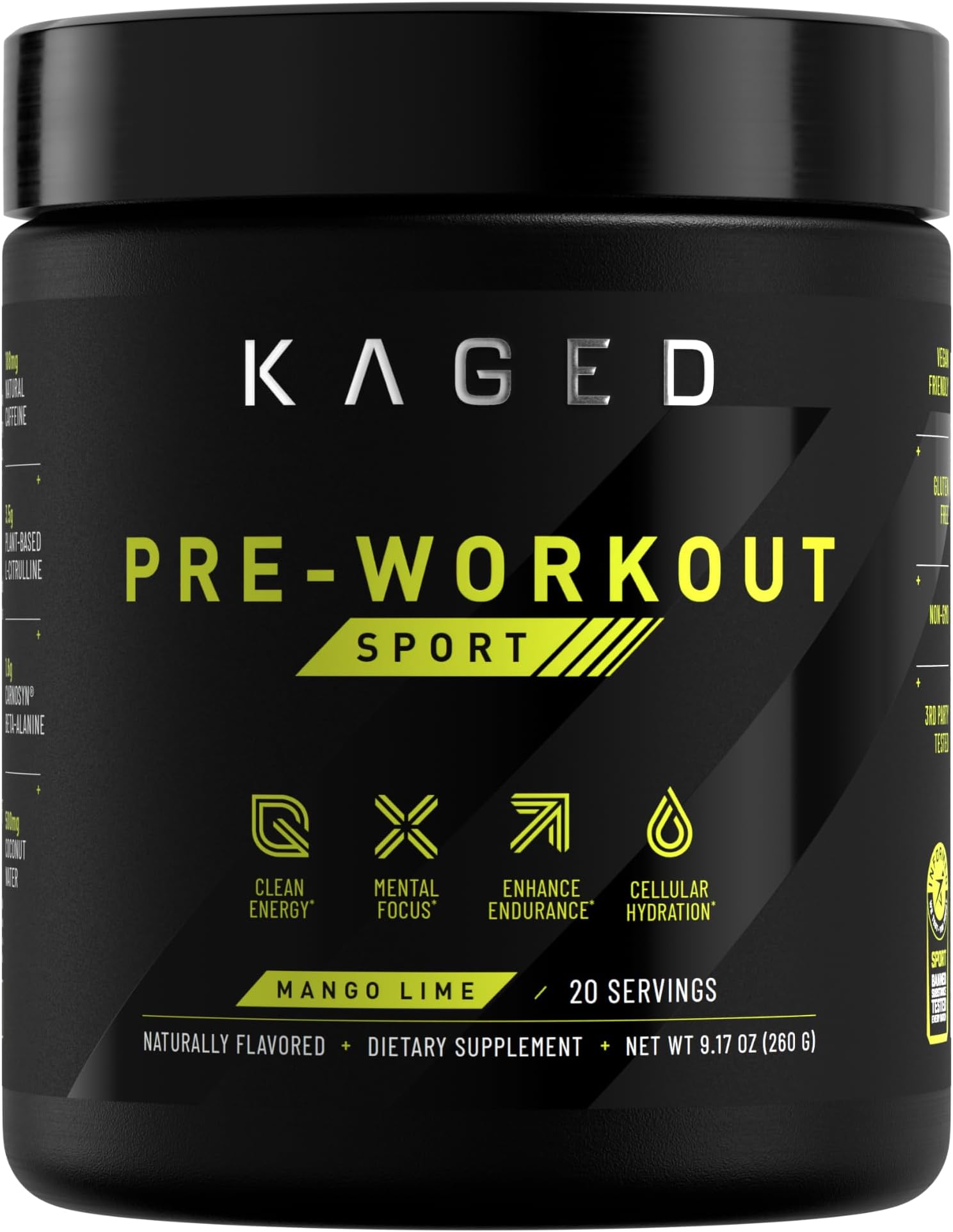 Sport Pre Workout Powder for Men & Women, Mango Lime, Sport Certified, 188mg Caffeine, Nitric Oxide Supplement, Beta Alanine for Energy, Weightlifting, Cardio Endurance & Strength, 20 Servings