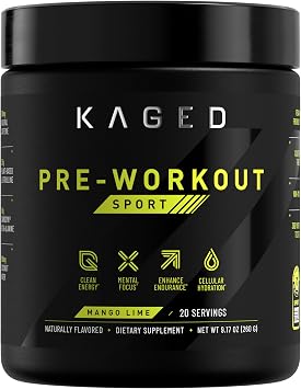 Kaged Sport Pre Workout Powder for Men & Women, Mango Lime, Sport Certified, 188mg Caffeine, Nitric Oxide Supplement, Beta Alanine for Energy, Weightlifting, Cardio Endurance & Strength, 20 Servings