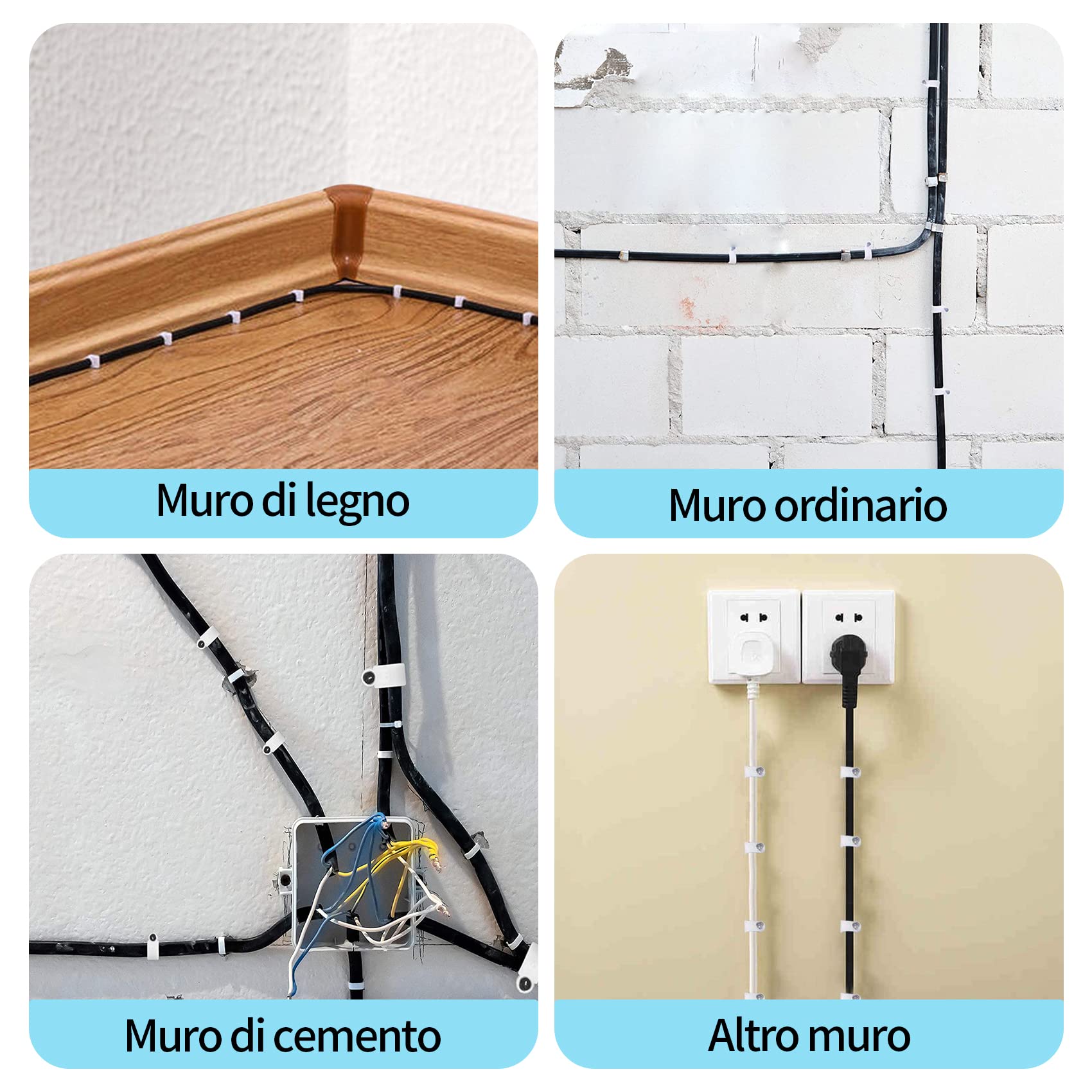 Fermacavi Muro, 400 Pezzi Fermacavo con Chiodo, Bianco Rotondi Graffette Clip per Cavi, Fascetta per cavi Fixpoint, 4 mm 6 mm 8 mm 10 mm