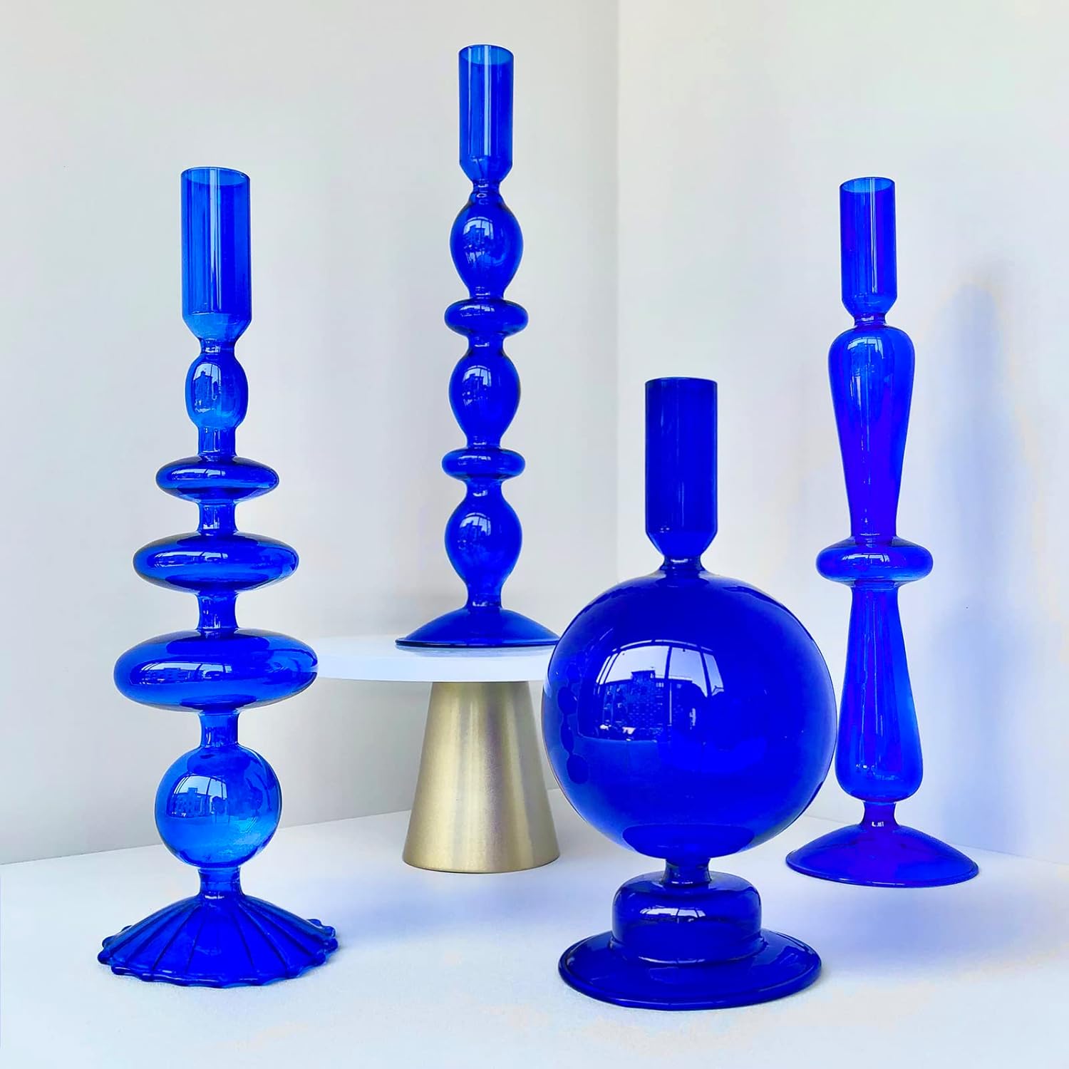 Candle Stick Candle Holder, Glass Candle Holders for Table Centerpiece, Modern Style Green Candle Holder Mixed 4pcs