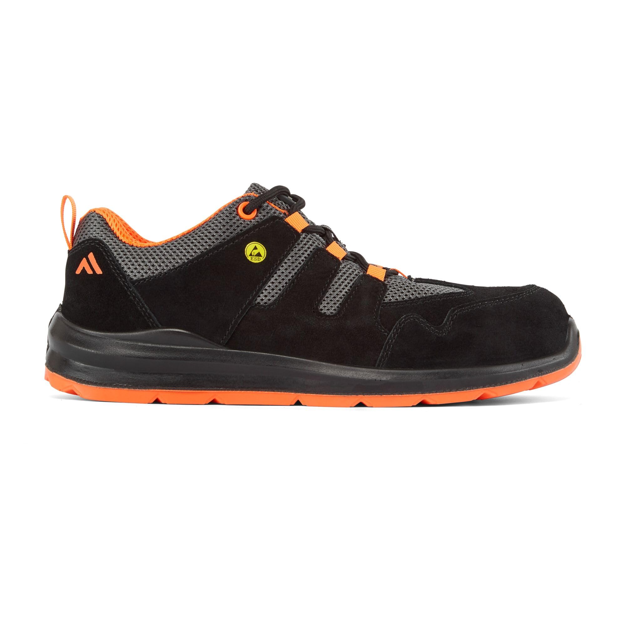 Portwest FE07 Composite Trainer S1 ESD Cow Suede Mesh Breathable Slip Resistant Non Metallic Lightweight Anti Static Safety Footwear, Black/Orange, 40