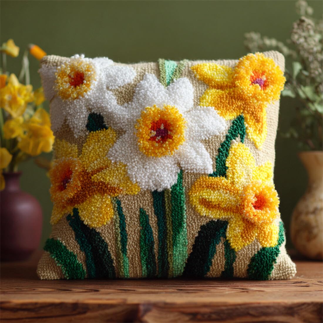 Kitquiver Cushion Making Kit Cartoon Flowers DIY Latch Hook Kits Pillow Needlepoint Cushion Kit for Home Décor Needlework Set for Adult Beginners 17x17In