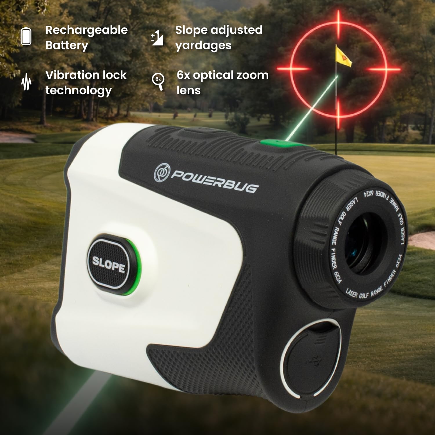 PowerBug Dalmierz golfowy z funkcją nachylenia, ładowalne urządzenie do pomiaru odległości golfowej premium