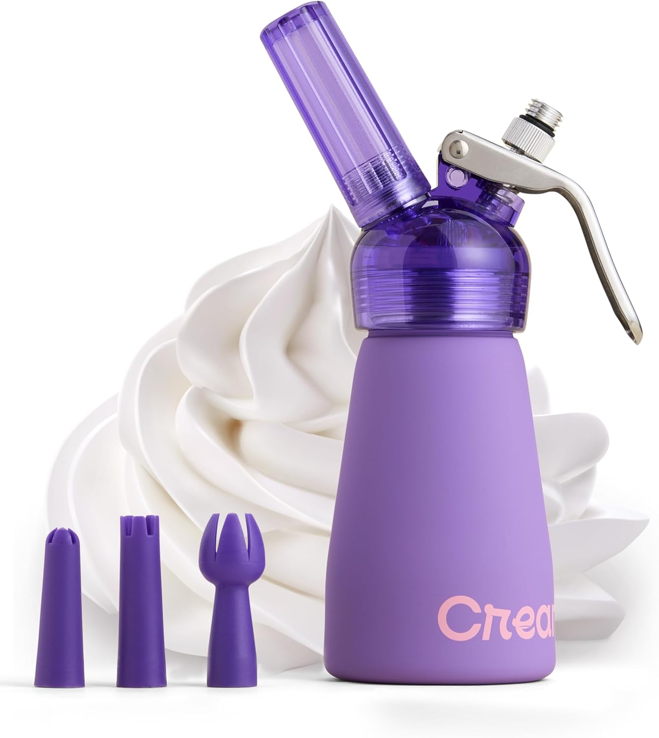 CreamRight Aluminum Whipped Cream Dispenser with Nozzles & Brush | Whipped Cream Maker with Transparent Head | Easy to Use & Clean Whipping Cream Dispenser for Homemade Desserts | Half Pint, Purple