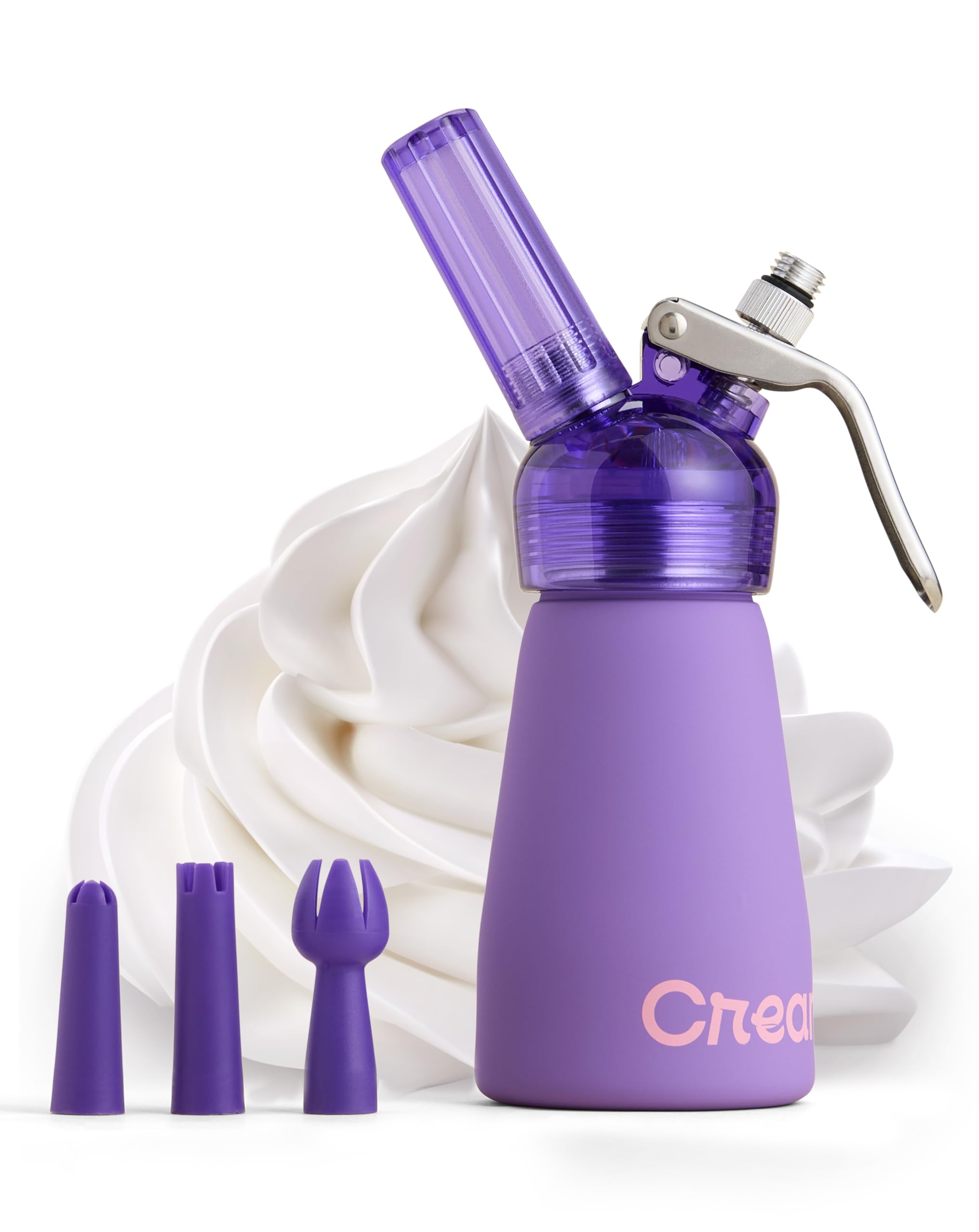 CreamRight Aluminum Whipped Cream Dispenser with Nozzles & Brush | Whipped Cream Maker with Transparent Head | Easy to Use & Clean Whipping Cream Dispenser for Homemade Desserts | Half Pint, Purple