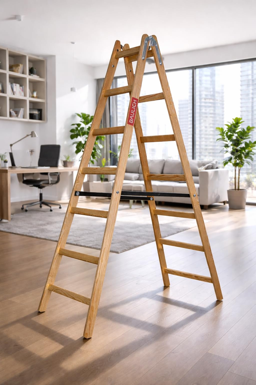 Escalera de Madera para Pintar 2x7 - Estructura desplegable y Extensible - Peldaños impregnados para Trabajos de reparación, Pintura de Interiores y renovación