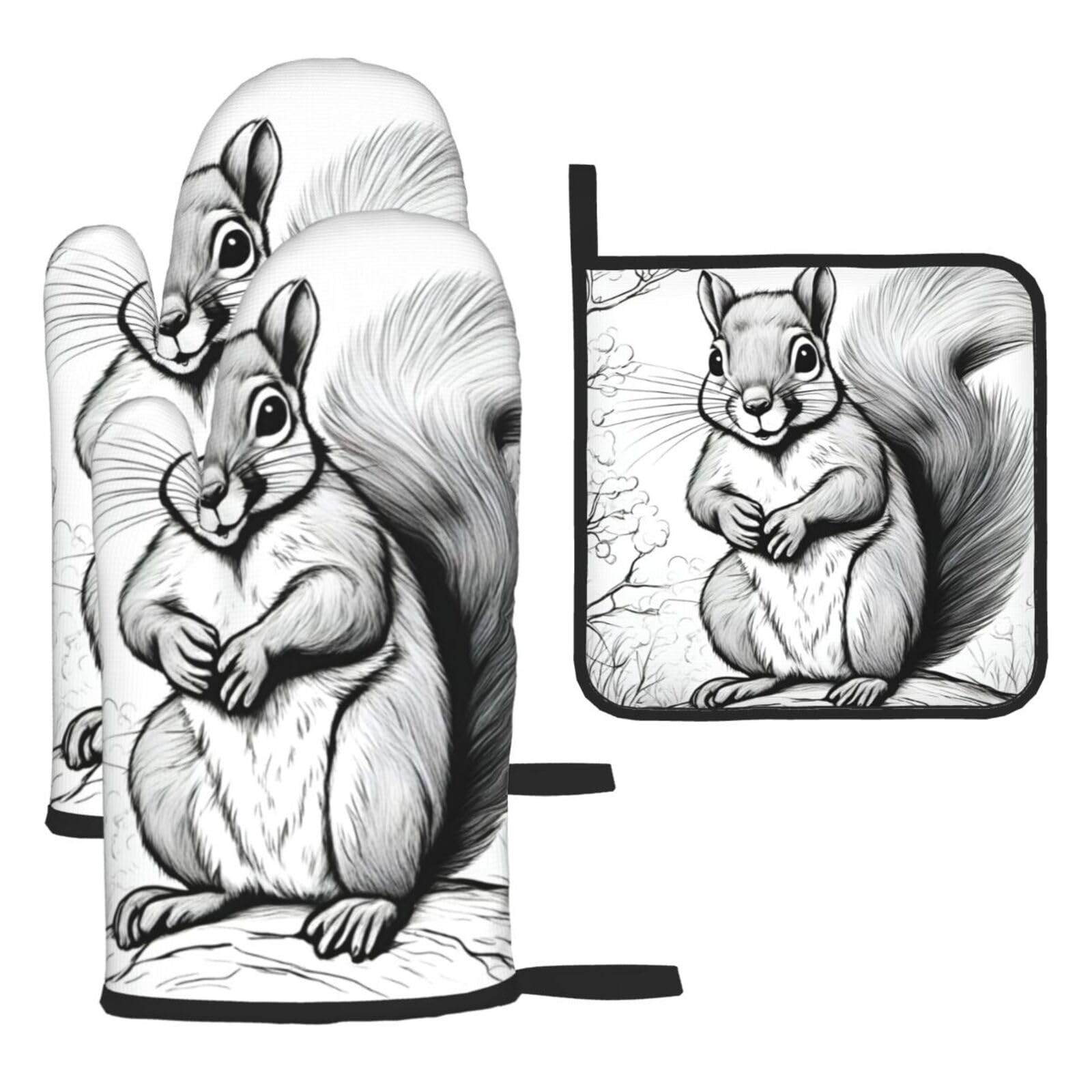 Yyoretp Black Cartoon Squirrel Print Oven Mitts And Potholders Bbq Gloves-Oven Mitts And Pot Holders For Cooking Baking