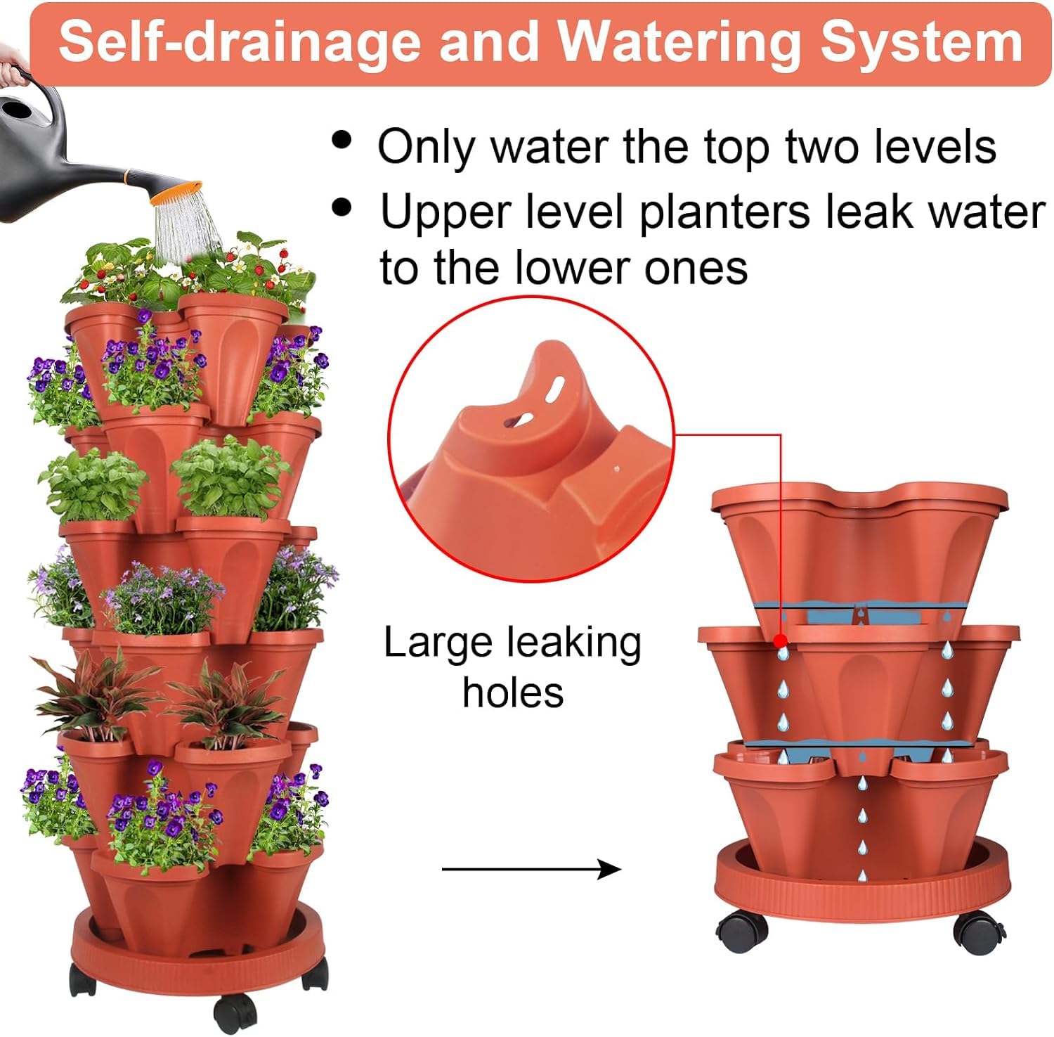 Jardinière empilable, Tour de Jardin Verticale, Ensemble de jardinières Verticales pour Fraises, Herbes, Fleurs (Terracotta, 4 Niveaux)