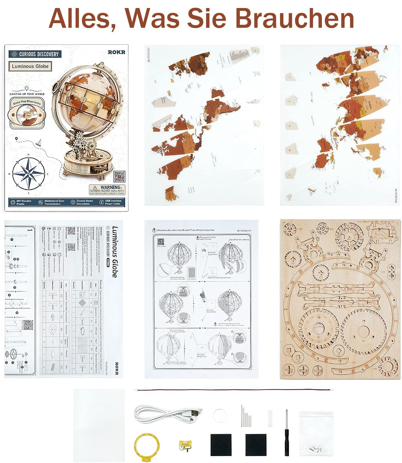 ROKR 3D Puzzle Holz Erwachsene, Holzpuzzle Modell Leuchtglobus Modellbau Bastelset Erwachsene mit LED Licht Weltkugel Bausatz Drehbar Luminous Globe Holzbausatz als Deko, Geschenk (180 Teilen)