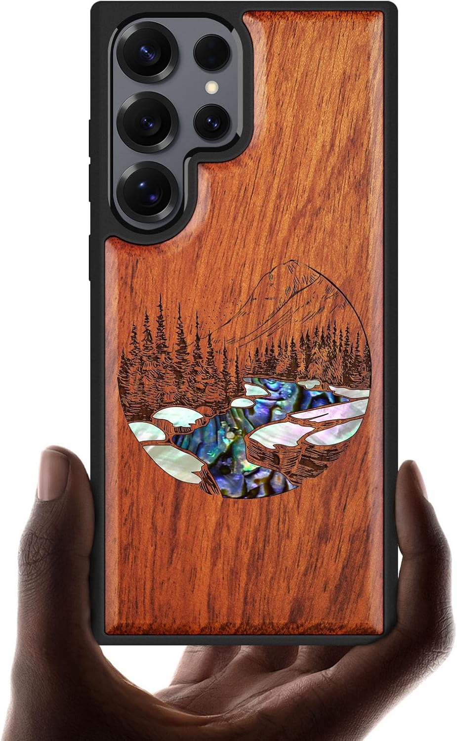 Carveit Magnetic Wooden Case for Samsung Galaxy S25 Ultra Case, Wood Artisan Engraved & Handmade Shell Inlaid, Compatible with MagSafe Wireless Chargers (Mountains and Lakes) Rosy