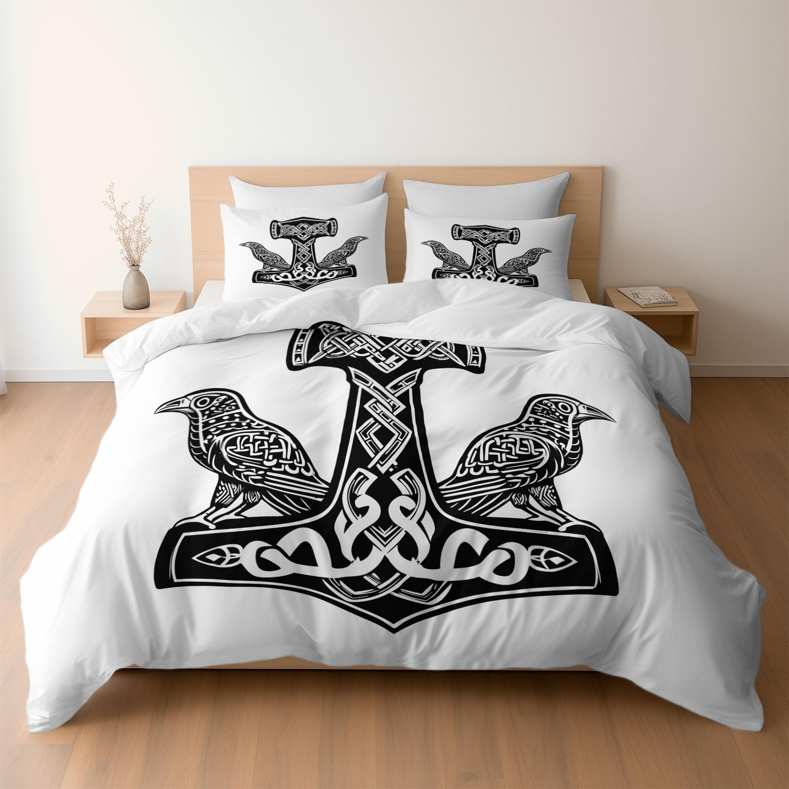 Double Duvet Set, Viking Raven Ancient Design Premium Brushed Microfiber 200 x 200 cm, Ultra Soft Reversible Luxury Quilt Cover Bedding Set With Zipper Closure, White
