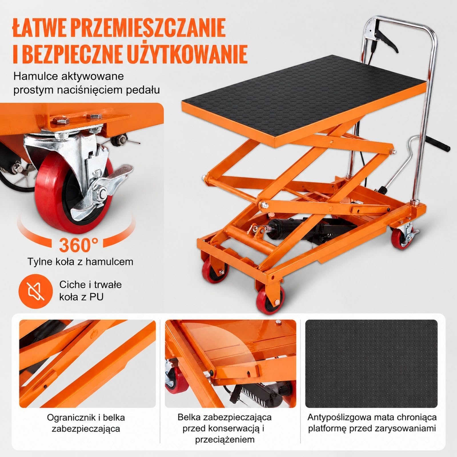 Hydrauliczny wózek stołowy, ręczny podwójny podnośnik nożycowy z 4 kołami do obsługi i transportu materiałów