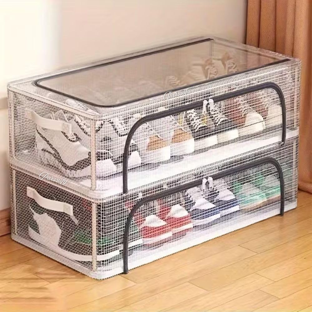 Large Capacity Shoe Storage Boxes with Double Steel Frame, Clear Plastic Stackable Shoe Organizer for Closet, Foldable Space-Saving Sneaker Shoe Rack Containers (PACK OF 1)-image-29