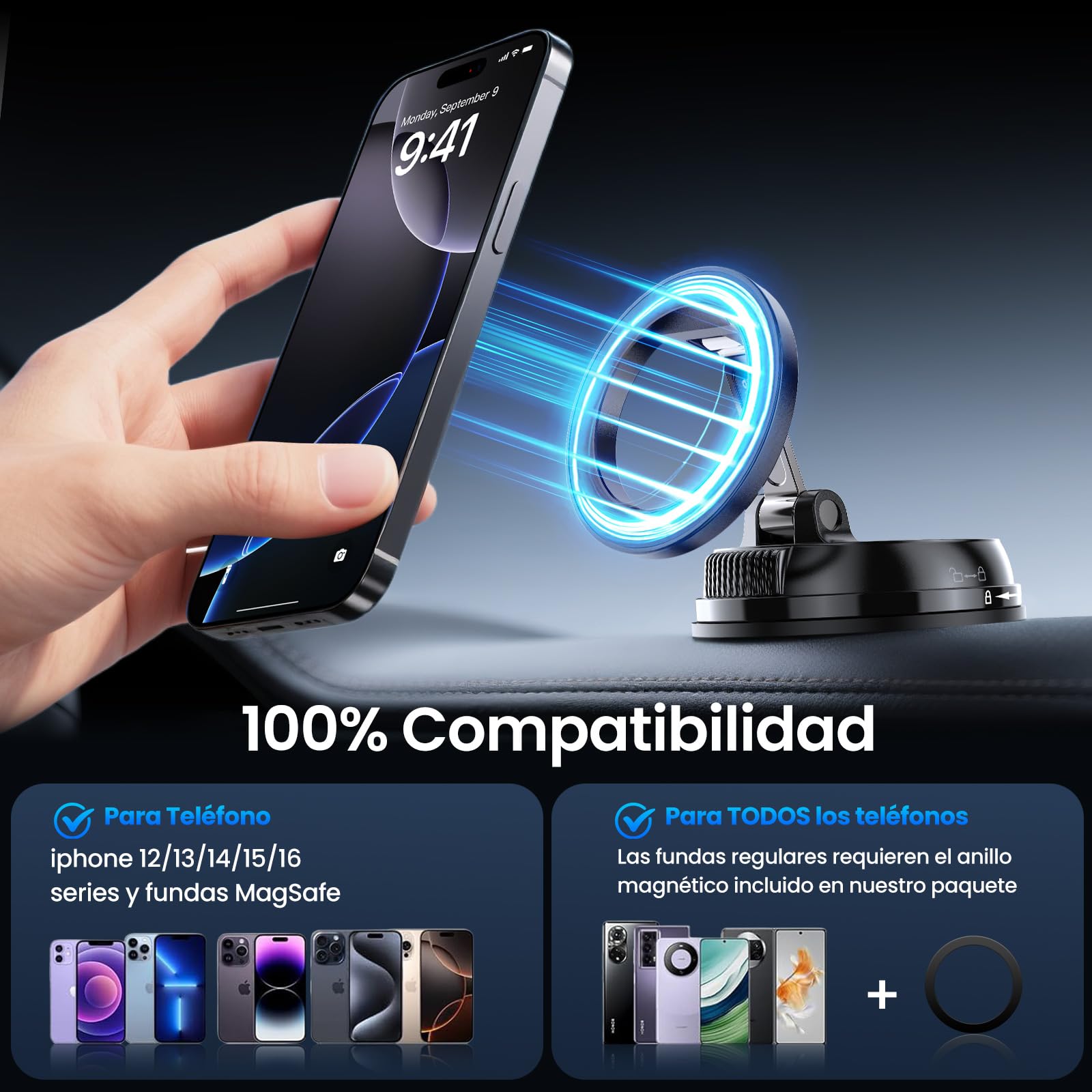 GizmoVine Soporte Móvil Coche MagSafe, 35KG Ventosa Fuerte Reutilizable, Brazo Metálico Plegable, 22X N55 Imanes, Giratorio 360° para Salpicadero/Parabrisas, iPhone 17-12 Android
