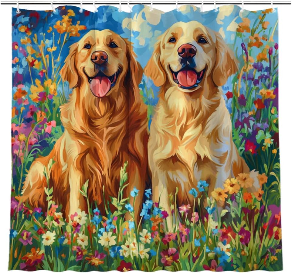 NGZ Spring Golden Retriever Shower Curtain Colorful Fantasy Flowers Green Floral Forest Farmhouse Natural Country Scenery Bathroom Curtain Fabric with Hooks 72×72 in
