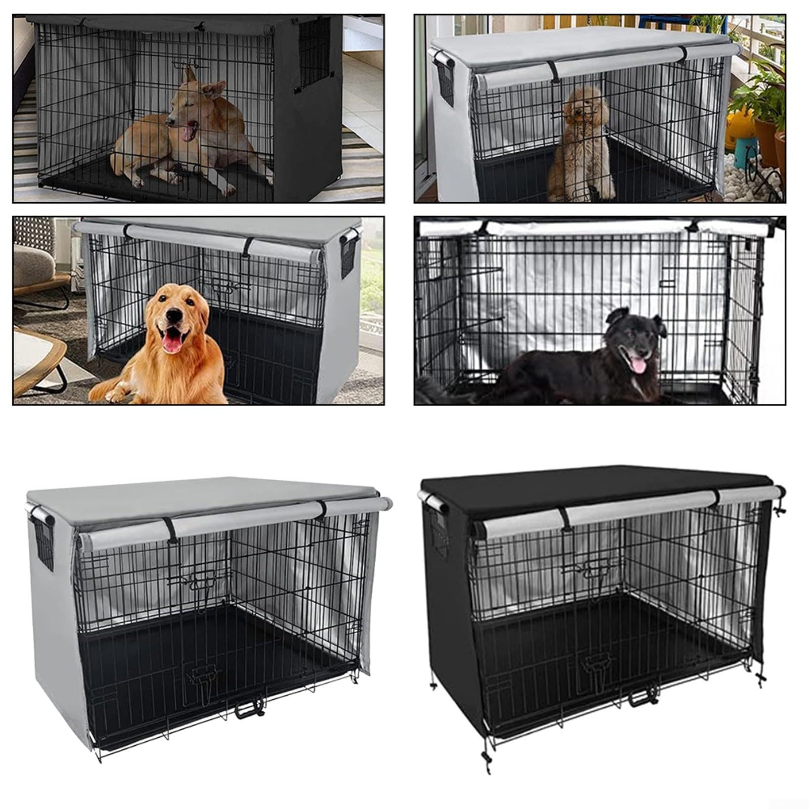 Copertura per gabbia per cani grigia rivestita in PVC, copertura per cuccia con tapparella ventilata, per interni ed esterni (nero, 94 x 61 cm)