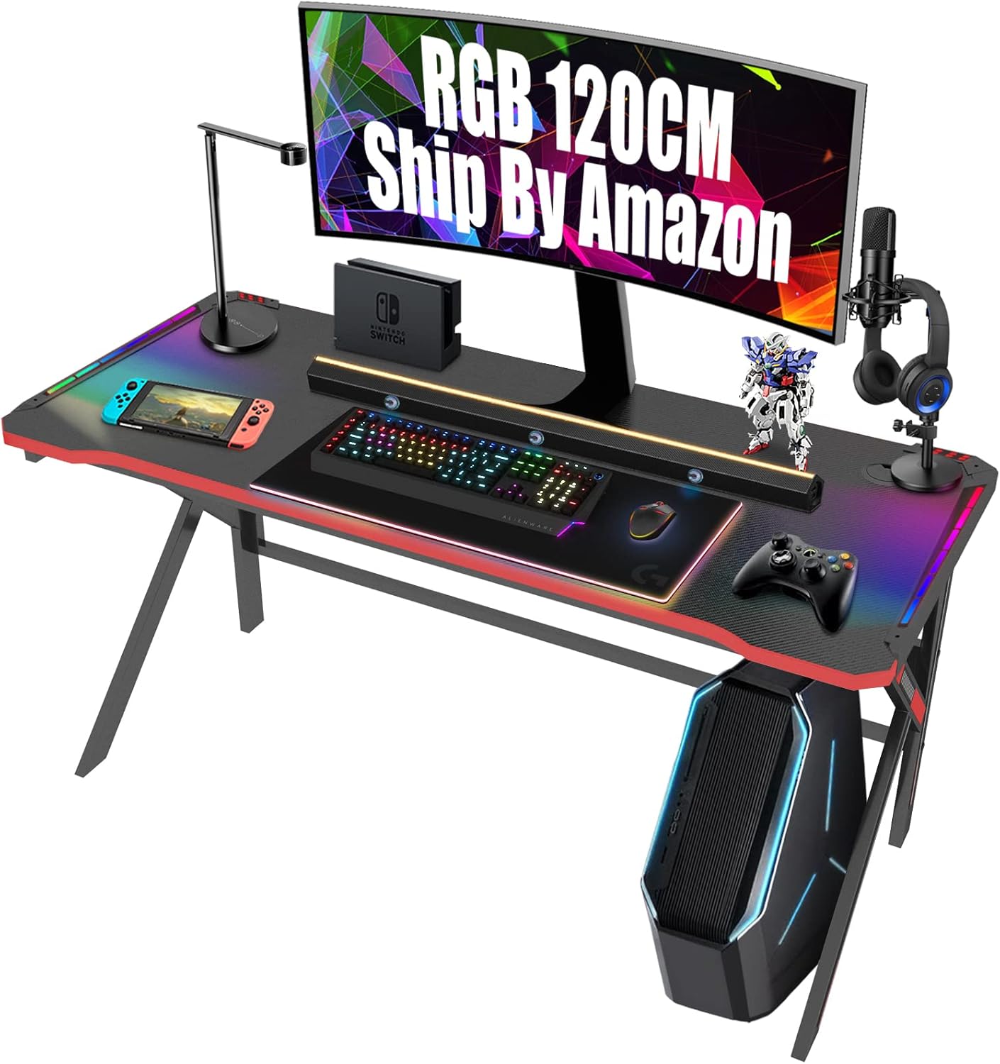 Scrivania Gaming LED 180x70cm - Piano In Fibra Di Carbonio, Luci RGB, Porta Bicchieri | Nero - Foto 2