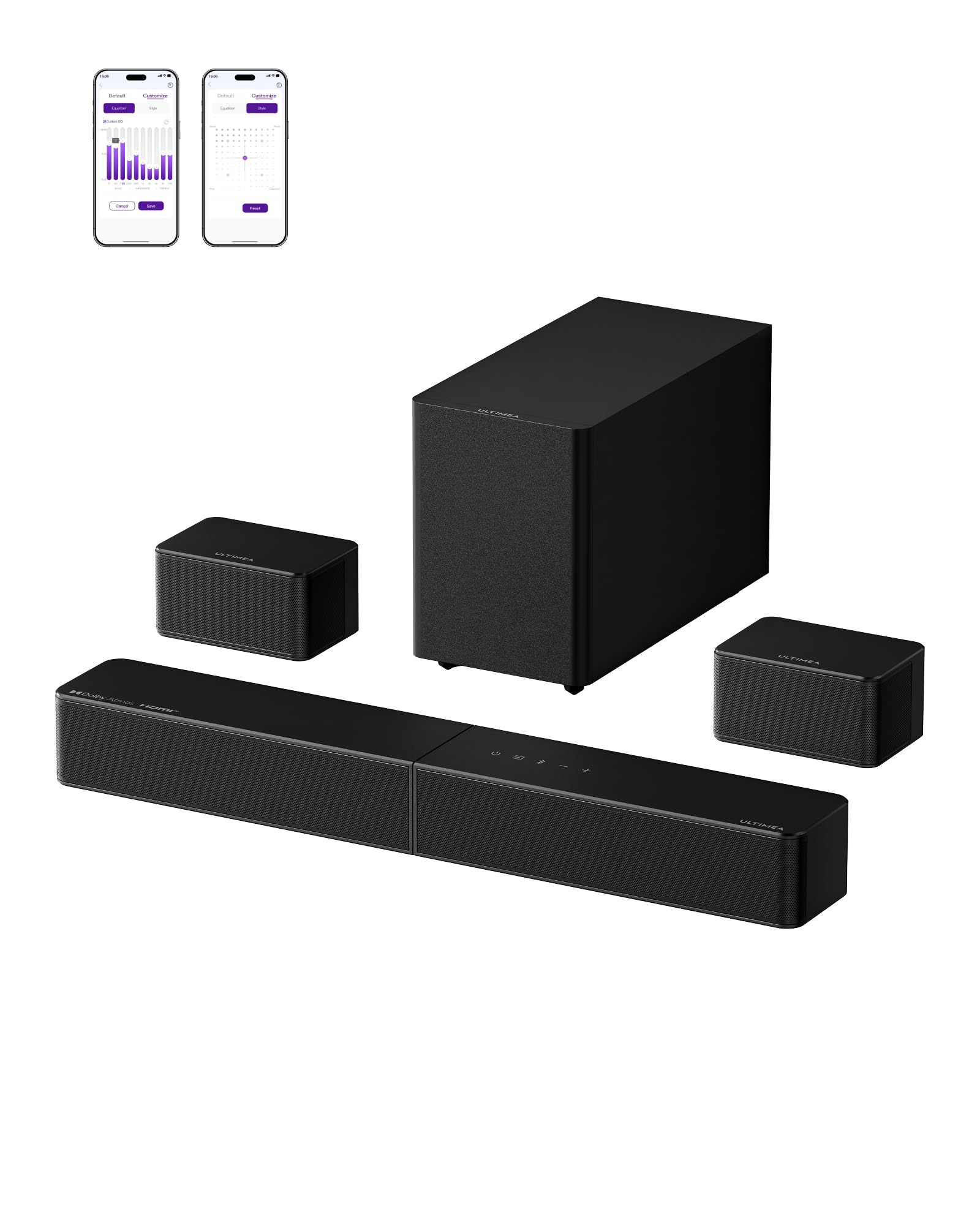 ULTIMEA 5.1 Barre de Son TV avec Dolby Atmos, Caisson de Basses sans Fil | 312W Crête Système Surround pour Home Cinema, HDMI eARC, 2 Enceintes Surround Filaires, Bluetooth 6.0, App, Poseidon M80