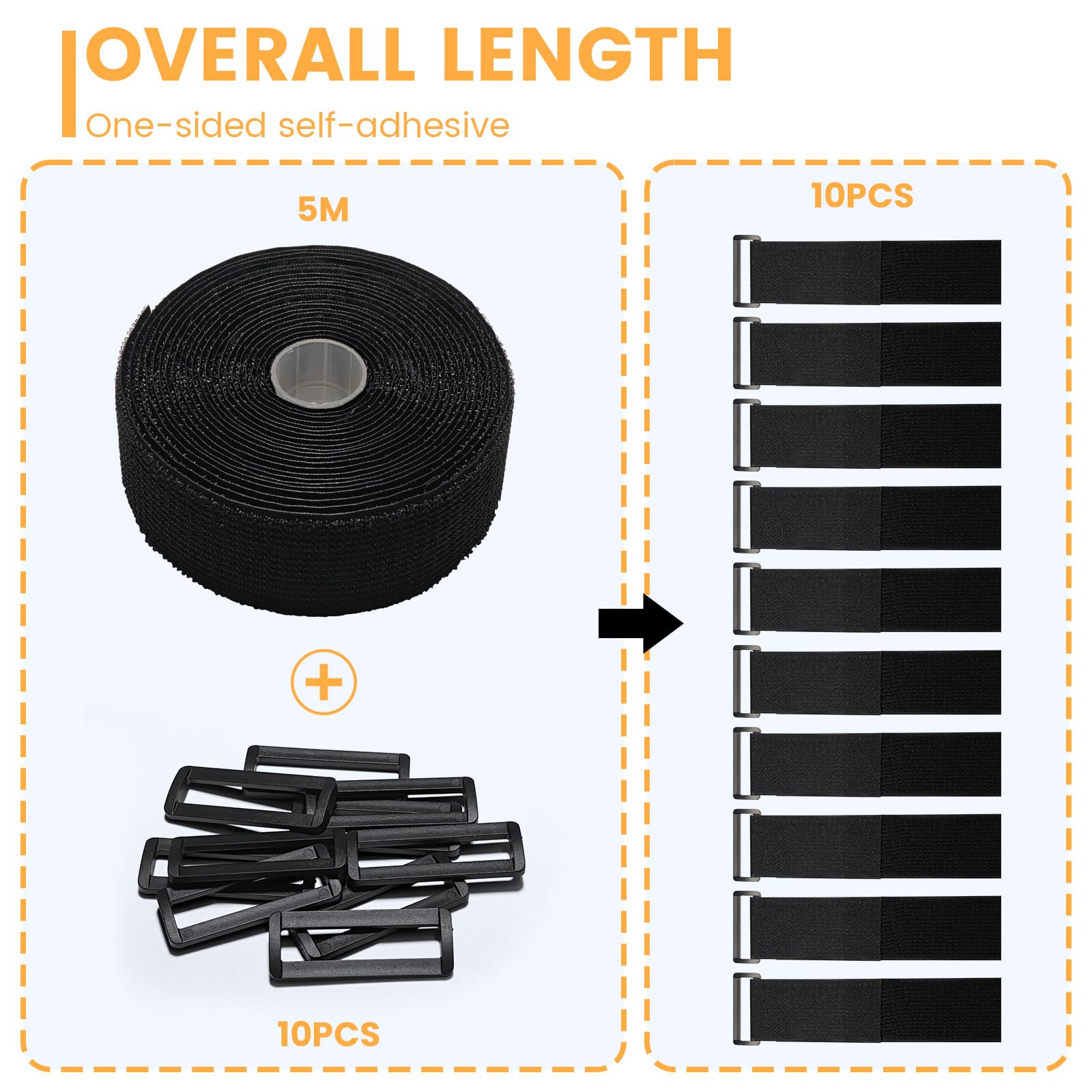 Cinghie per cavi regolabili 5 m x 5 cm 10 anelli antigraffio riutilizzabile nero