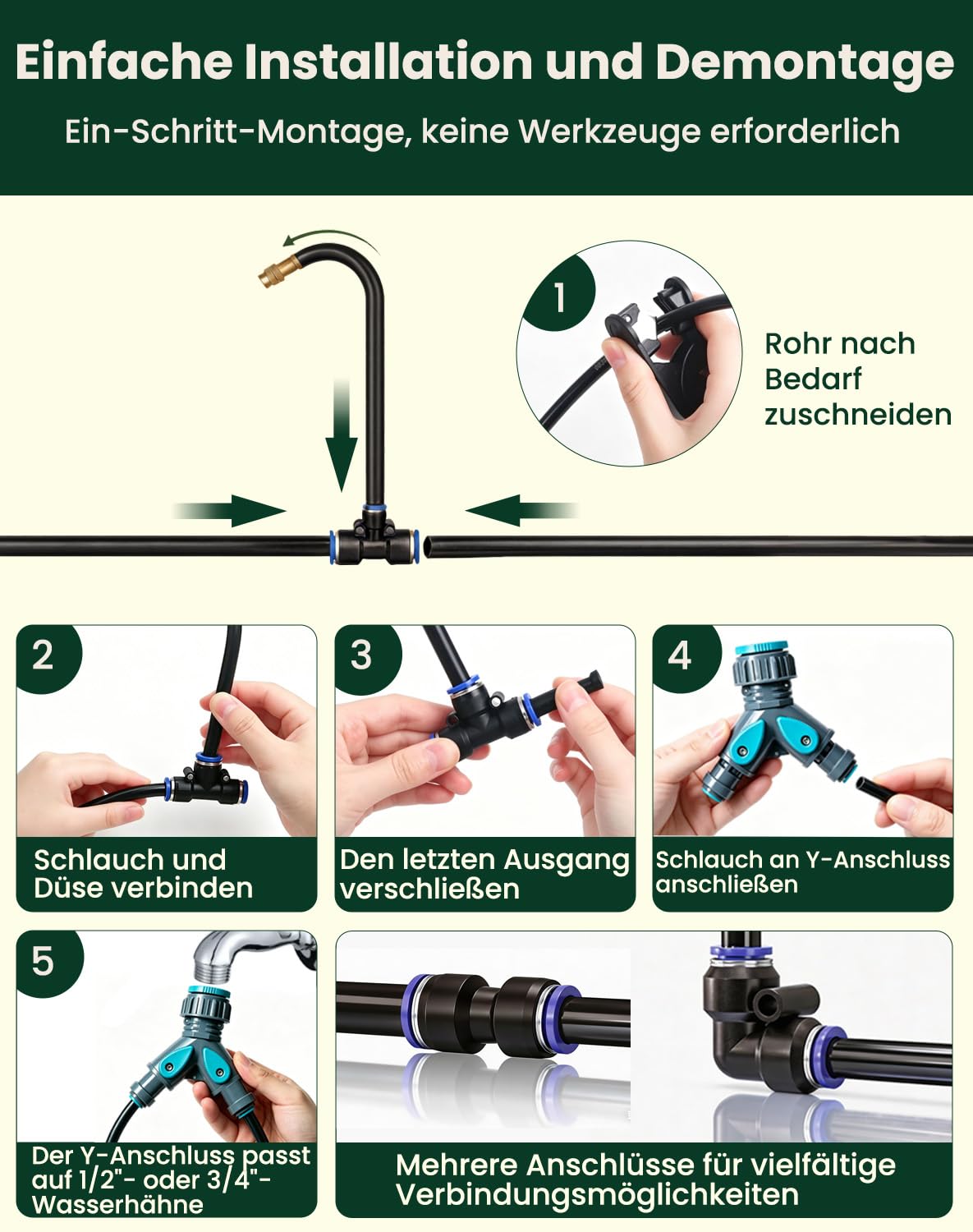 Bewässerungssystem Garten, 20m Schnellanschluss-Tröpfchenbewässerung-Set, ausgestattet mit 20 drehbaren 360°-Messingdüsen, automatische Bewässerungssystem Garten, für Gewächshaus, Rasen, Hochbeet
