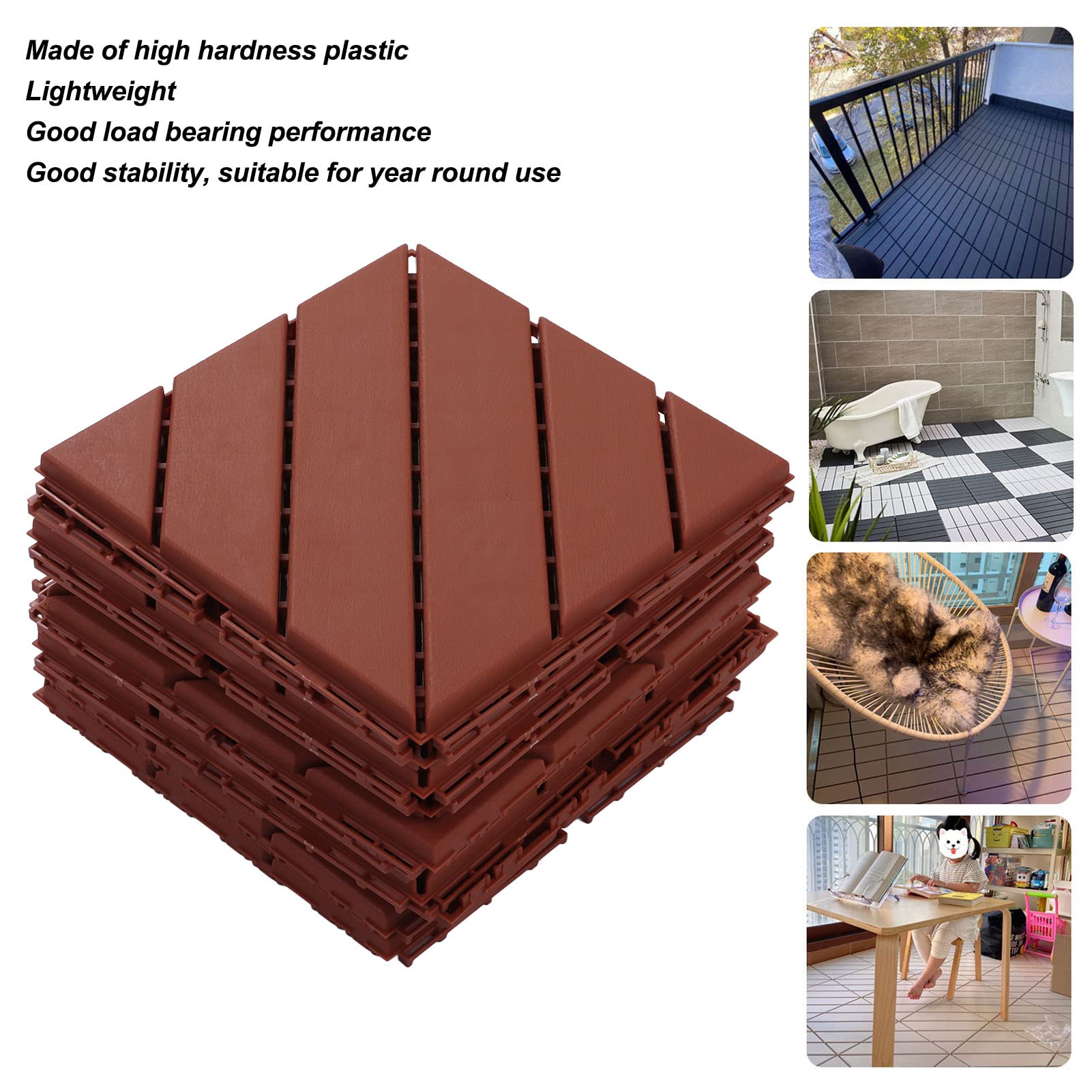 Azulejos de plataforma de plástico a prueba de agua Fuerte fuerte duradero para exteriores para el jardín de la cubierta de patio junto a la piscina 30 PC Material PP 300x300x20 mm (Marrón)