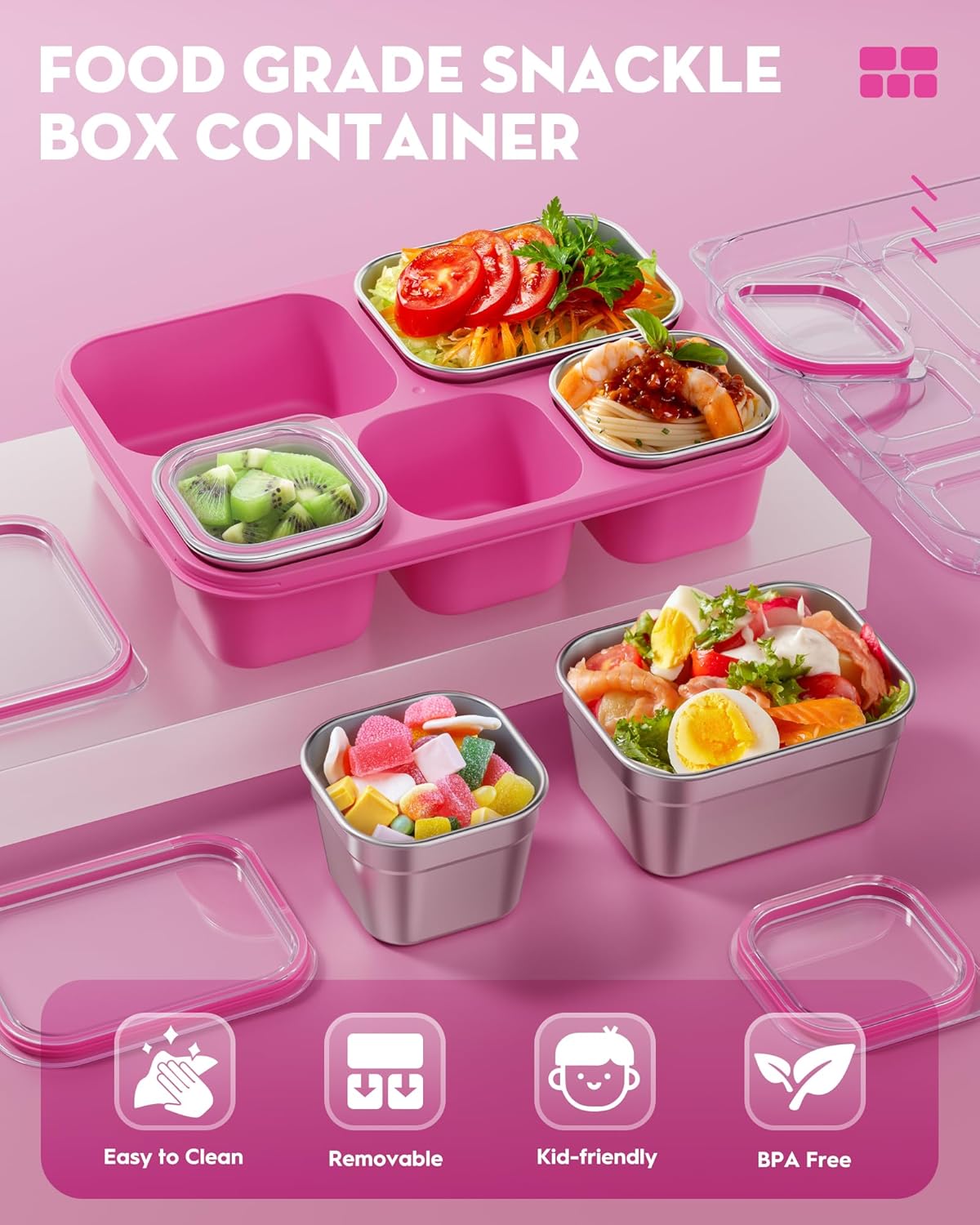 Snackle Box Containers, Stainless Steel 5 Compartments Divided Serving Tray with Lid, Removable LeakProof Portable Bento Box for Fruit Candy Nuts Food - School, Picnic and Travel(Pink) - Image 3