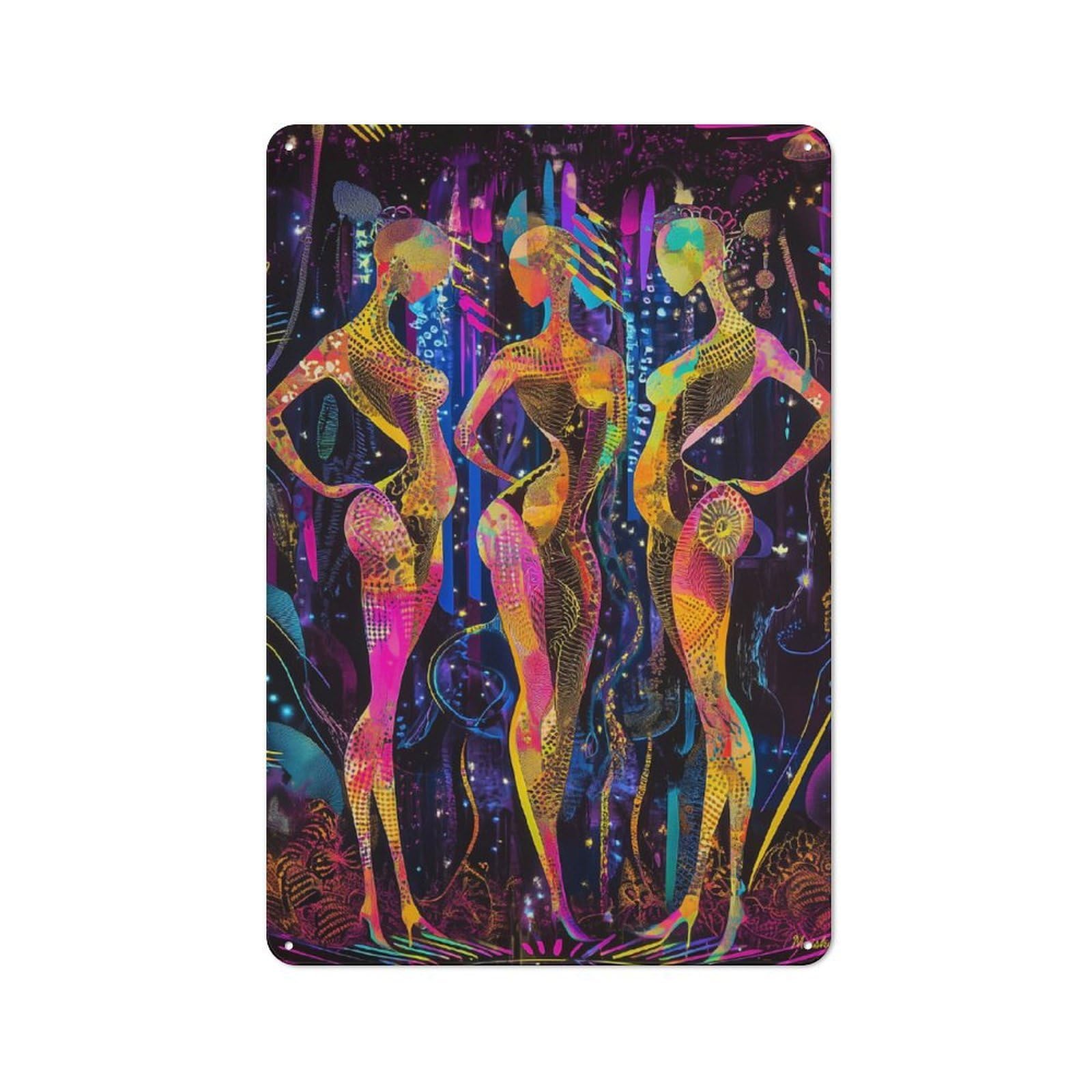 Junmoney Neon Radiance – The Three Muses In A Futurist Ic Glow Printed Metal Sign 30X20cm For Guest Room Or Hallway, Suited To Home Decor Collectors