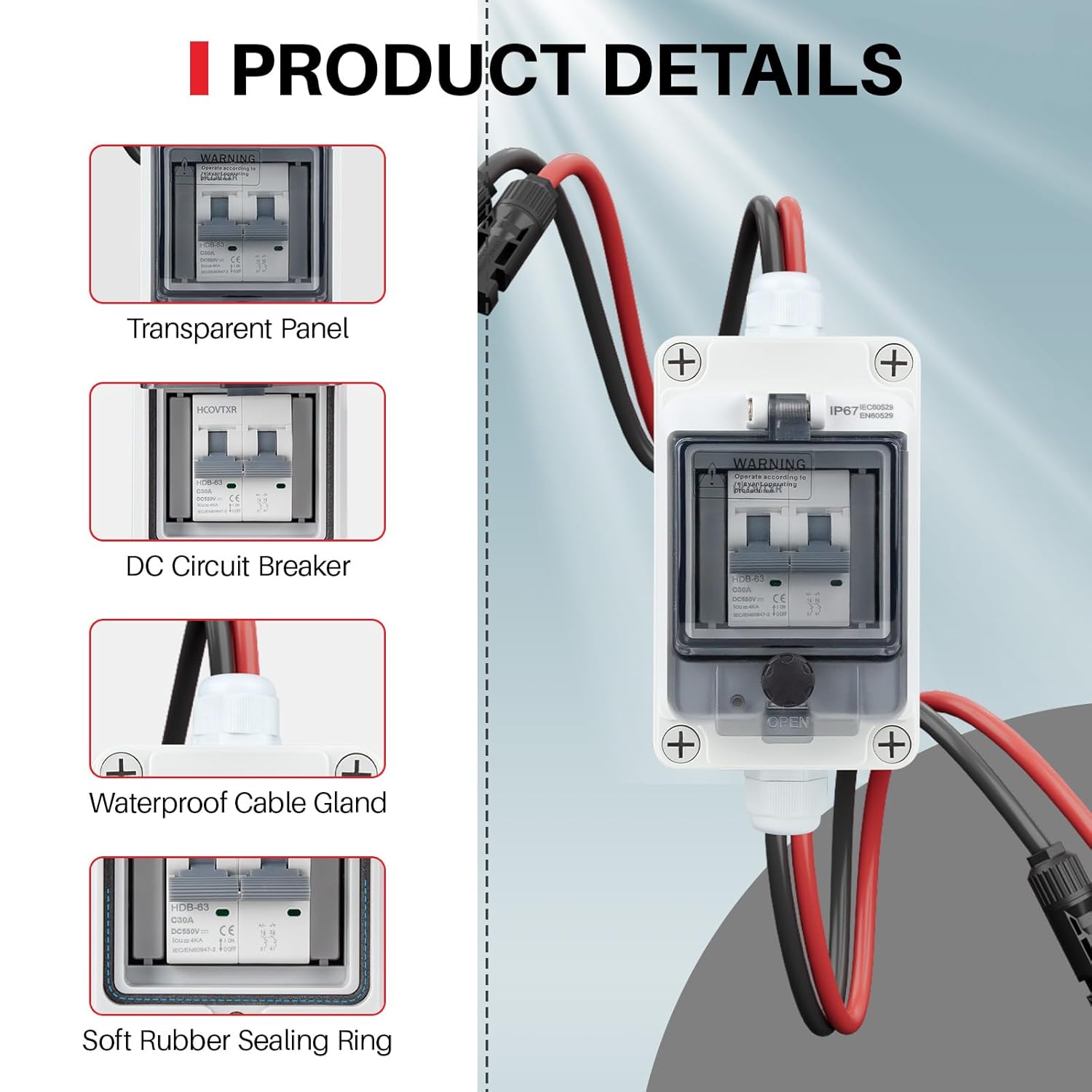 Solar Panel Disconnect Switch 550V 30A PV Disconnect Switch Outdoor Miniature Circuit Breaker with IP67 Waterproof Box for Solar PV Home Battery Systems (550V 30A) - Image 3