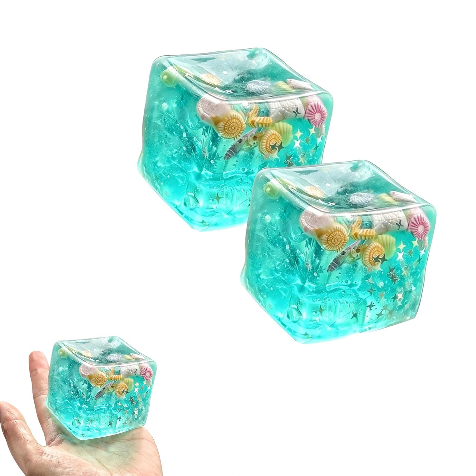 Ice Cube Stress Ball Fidget Toy, Slow Rise Squishy Cube Fidget Toys, Ocean Shells Squishies Inside Sensory Stress Relief Ice Cube Ball Toys for Adults Teens Classroom Prizes (2PCS)