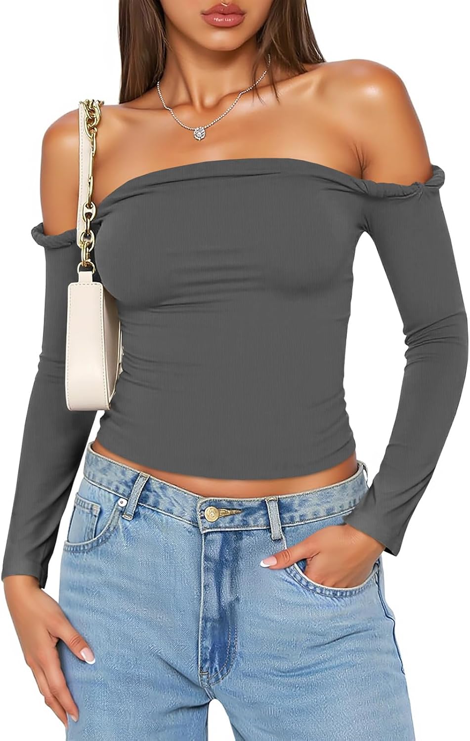 Tankaneo Womens Off The Shoulder Tops Going Out Crop Slim Fit Long Sleeve Shirts Y2K Ruched Cute Blouse
