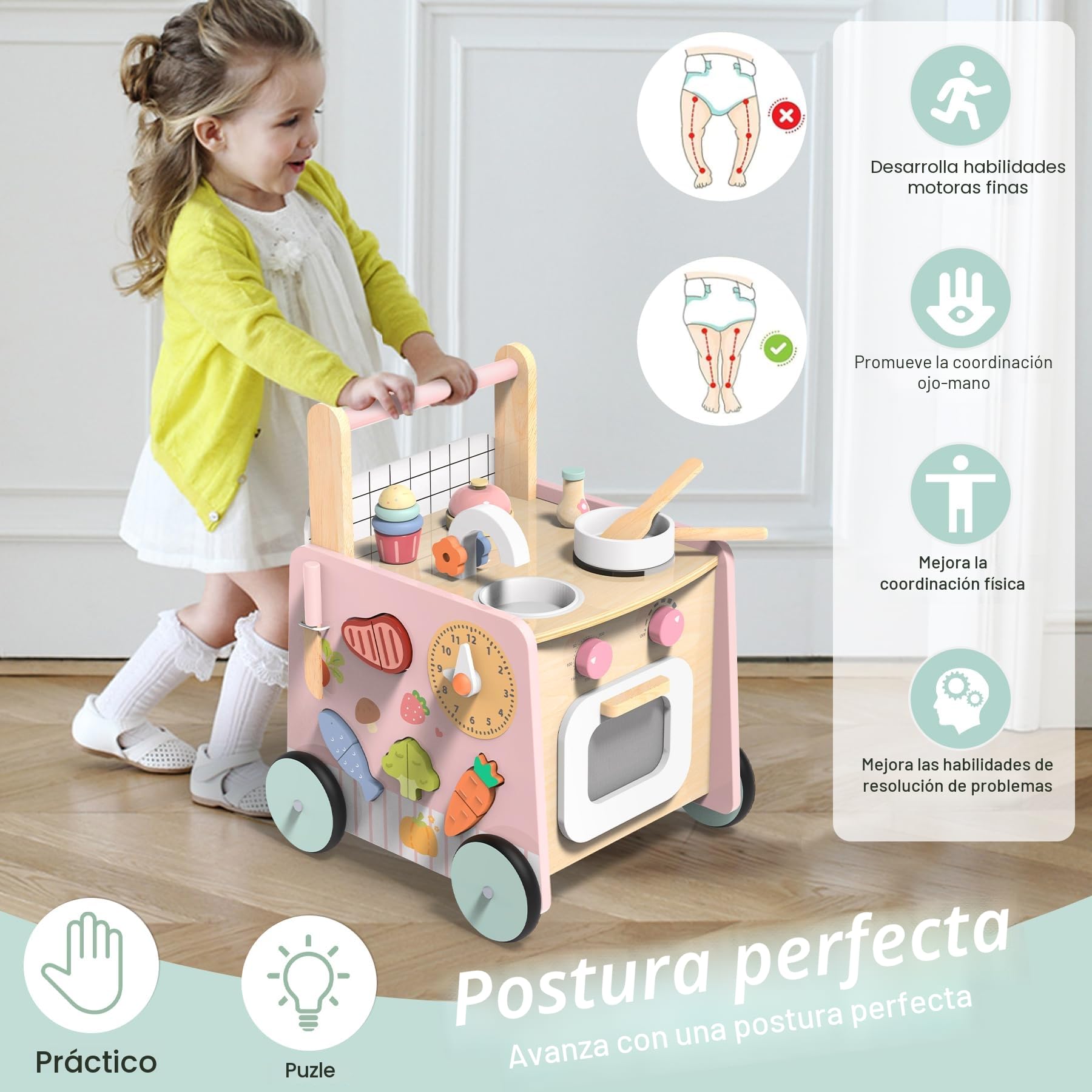 Andador Madera Bebé, 9 en 1 Andadores para Bebes con Juguetes Montessori y Cocina de Juegos, Caminador Bebé, Juguetes para Bebés de 1 Año, Regalos para Niños y Niñas