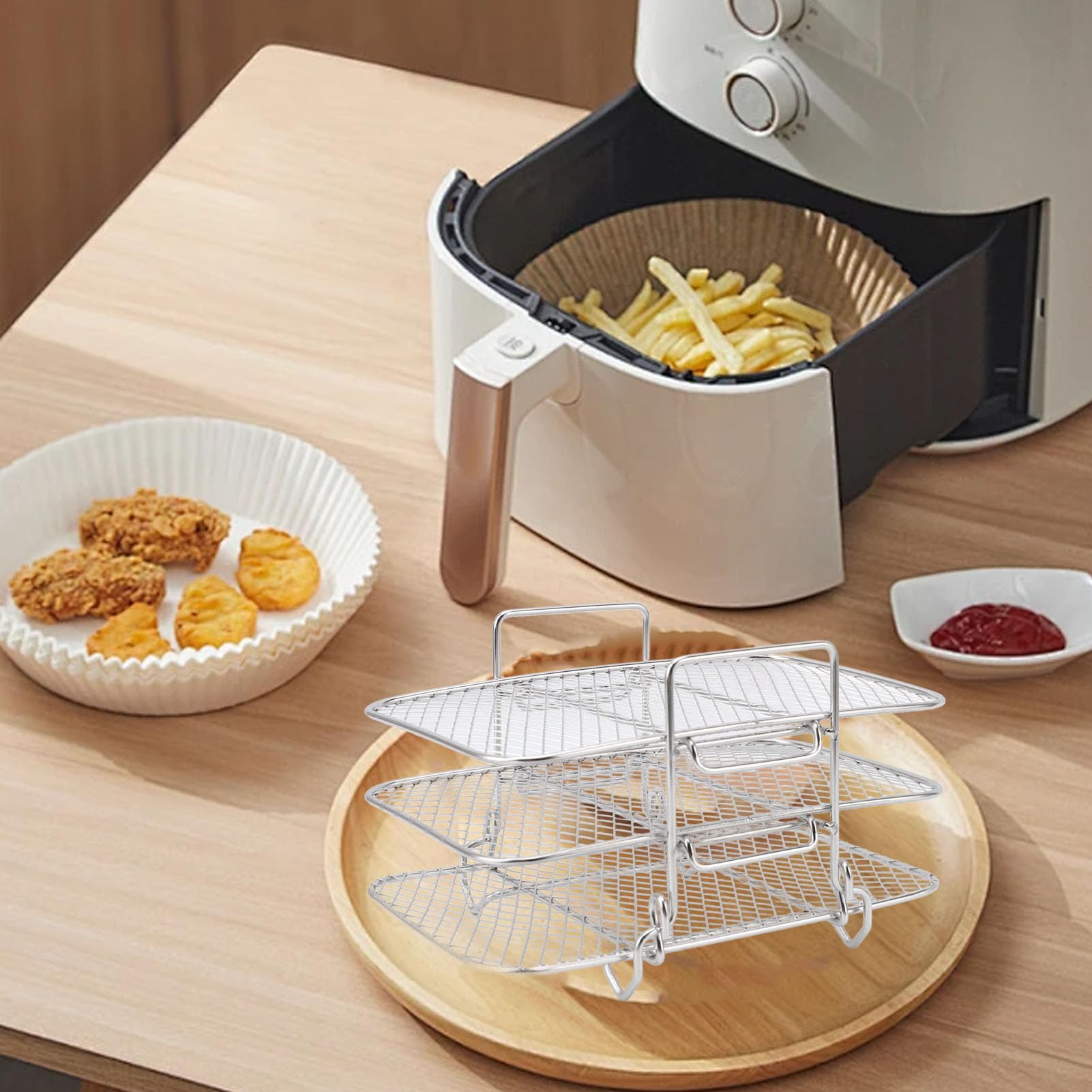Griglia quadrata per friggitrice ad aria a 3 strati, impilabile, multi strato staccabile, accessori per friggitrice ad aria, cottura per grigliare pancetta o ali di pollo