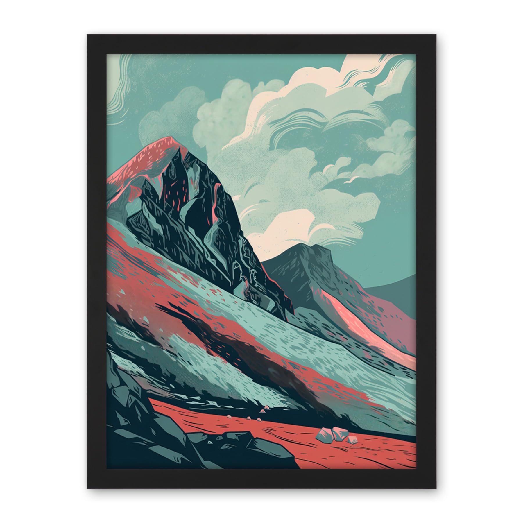 Artery8 Scottish Highlands Mountain Landscape Illustration Artwork Framed Wall Art Print 18X24 Inch